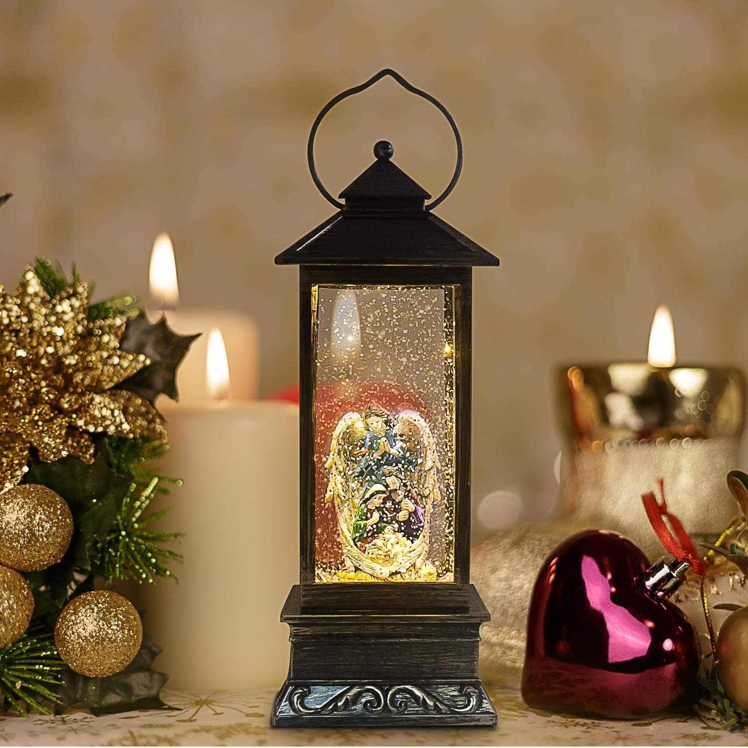 28cm Large Christmas LED Lantern Glitter Water Filled Snow Globe Xmas Home Decor Festive Nativity Decorations