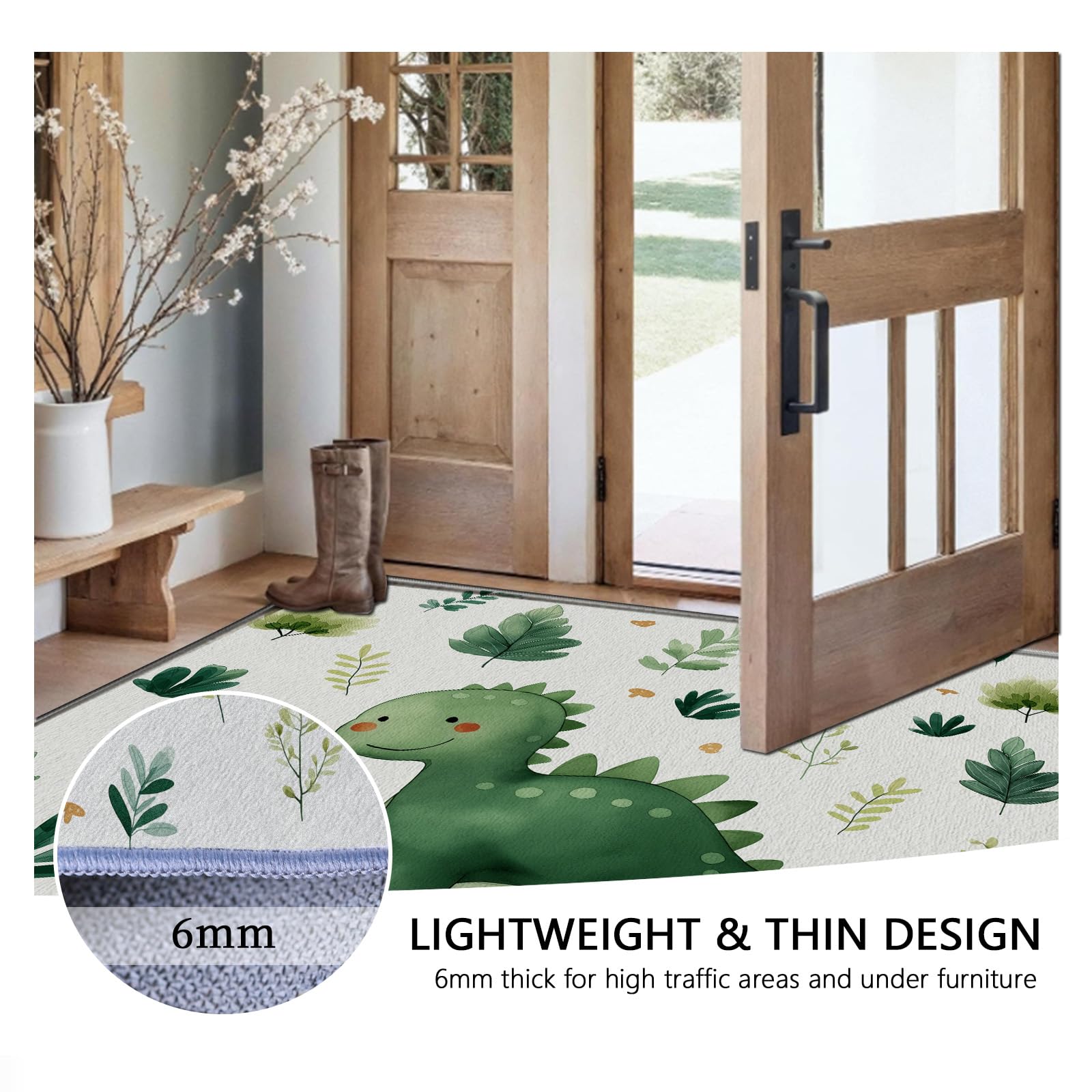 Cartoon Dino Teppich Wohnzimmer 80x150 cm, Grüner Dinosaurier Carpet Weich Kurzflor Waschbar, Jurassic Tierwelt Teppiche rutschfeste für Schlafzimmer, Esszimmer, Kinderzimmer, Küche