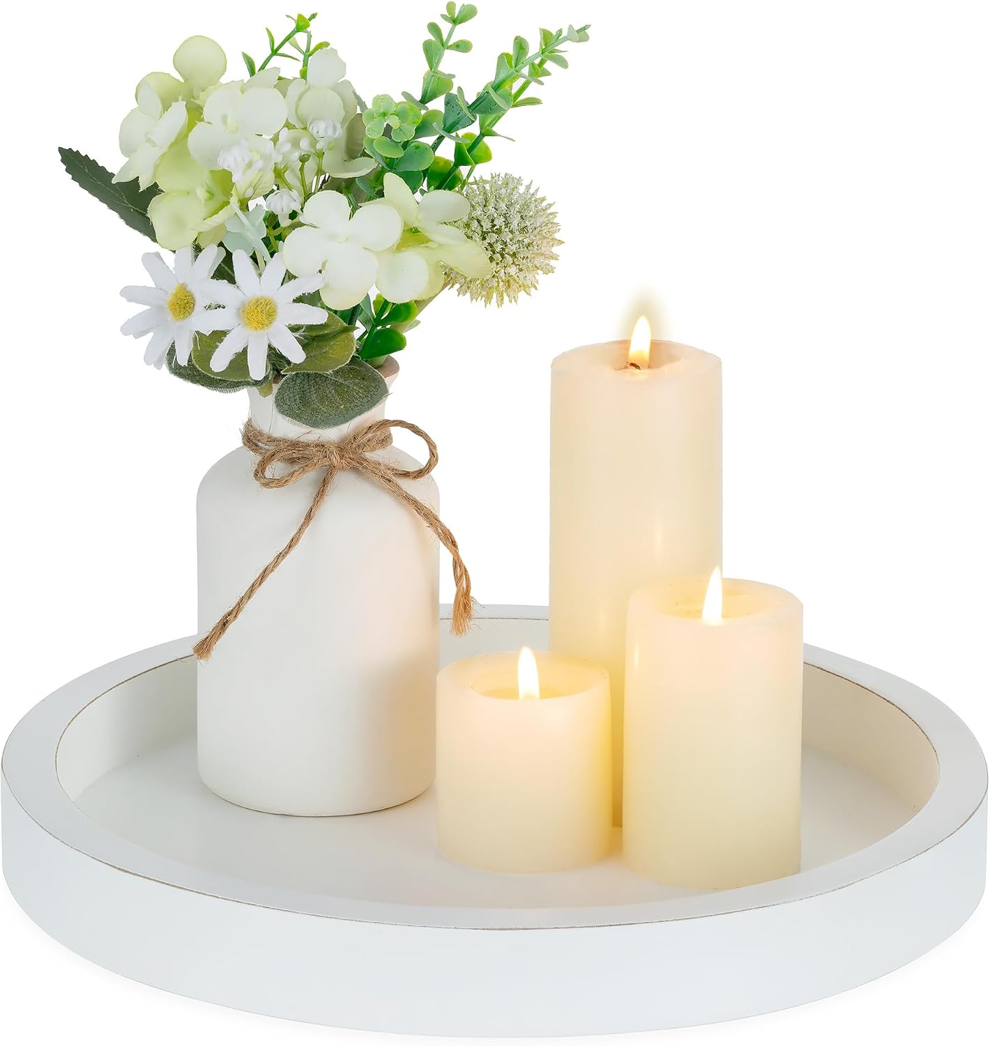 Hanobe Wood Decorative Coffee Table Tray White Candle Holder for Home Decor
