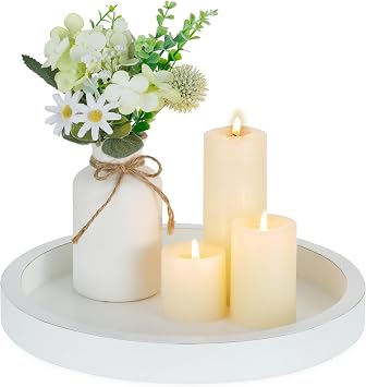 Hanobe Wood Decorative Coffee Table Tray White Candle Holder for Home Decor