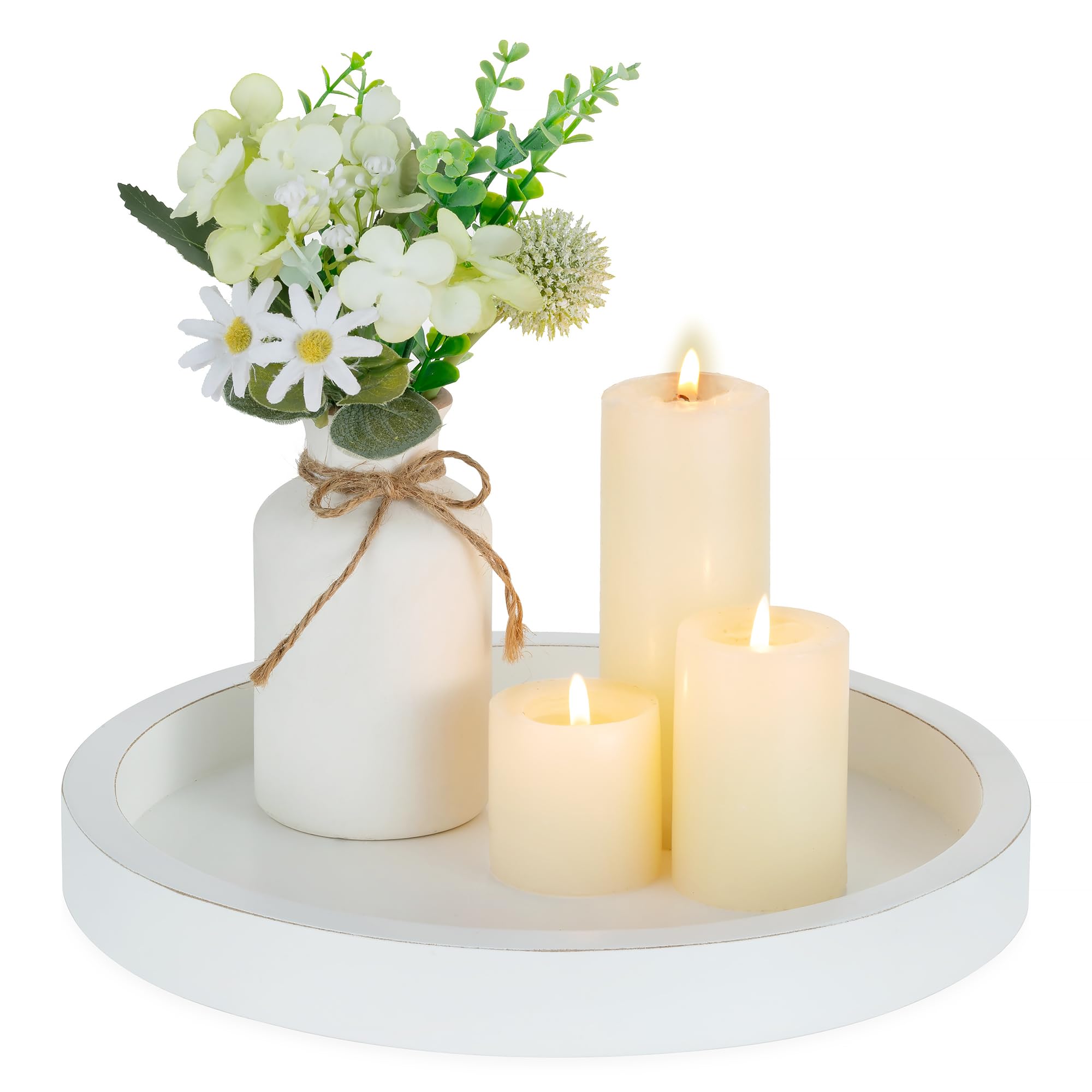 Hanobe Decorative Tray for Table Centrepiece: Minimalist Round Candle Plate for Living Room Coffee Table Ottoman - 28cm White Wooden Trays for Home Decors