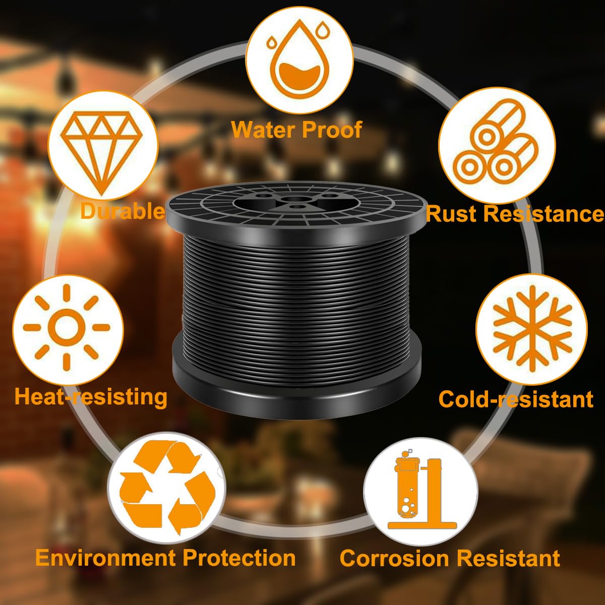 Cavo D'Acciaio Rivestito PVC Nero 100m – 1/16" (1,6 Mm) Interno, 3/32" (2,4 Mm) Esterno, Per Luci Da Esterno E Lanterne - 4