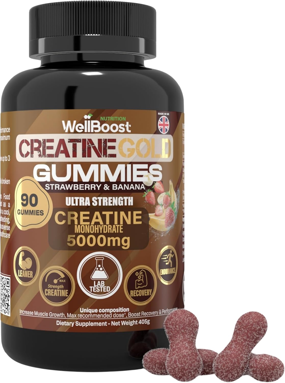WellBoost Creatine Gold – 5000mg Creatine Monohydrate, Vegan, Sugar-Free Gummies for Lean Muscle Growth, Endurance, Recovery & Energy (1 Month Supply) in Starwberry and Banana Flavour.