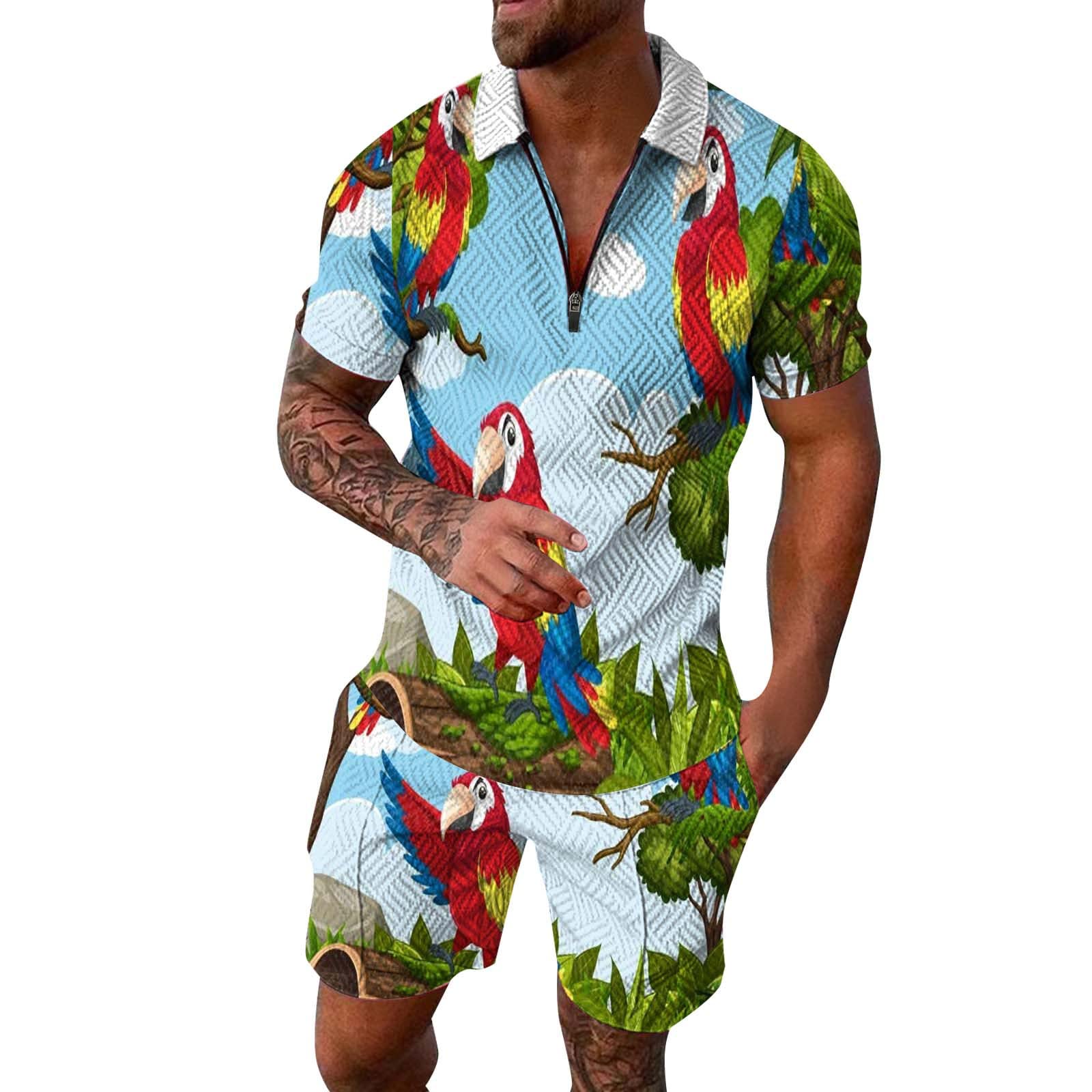 Set Tuta Estiva Uomo 2 Pezzi Con Camicia Hawaiana E Pantaloncini - Motivi Funghi Psichedelici Colorati - Con Cappello A Secchiello - Taglia X-Large