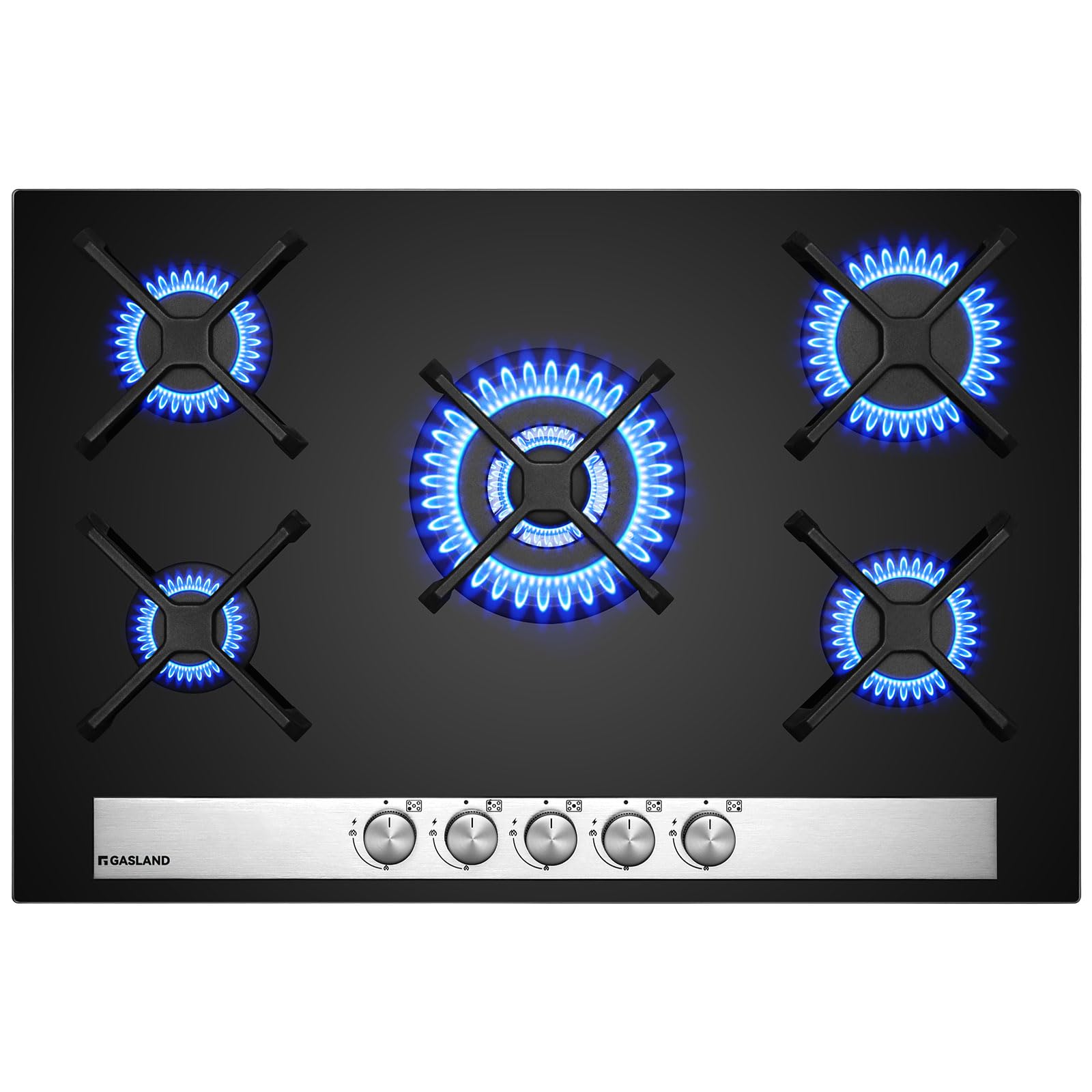 GASLAND GH6805BG1FC Cocina de Gas Butano, Encimera de Cristal Con 5 Fogones y Quemador Wok, Placa Empotrable Negra de 76 cm, 10,4 KW