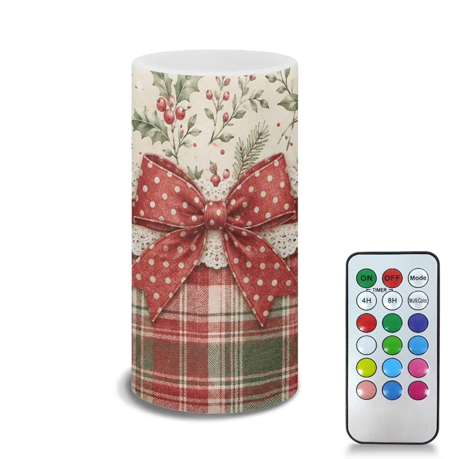 Poceacles Christmas Flameless LED Battery Candles Pillar Candles Tealight with 18-Key Timer Remote with Colorful Light for Indoor Outdoor Home Decor, Christmas Bow Plaid Holly