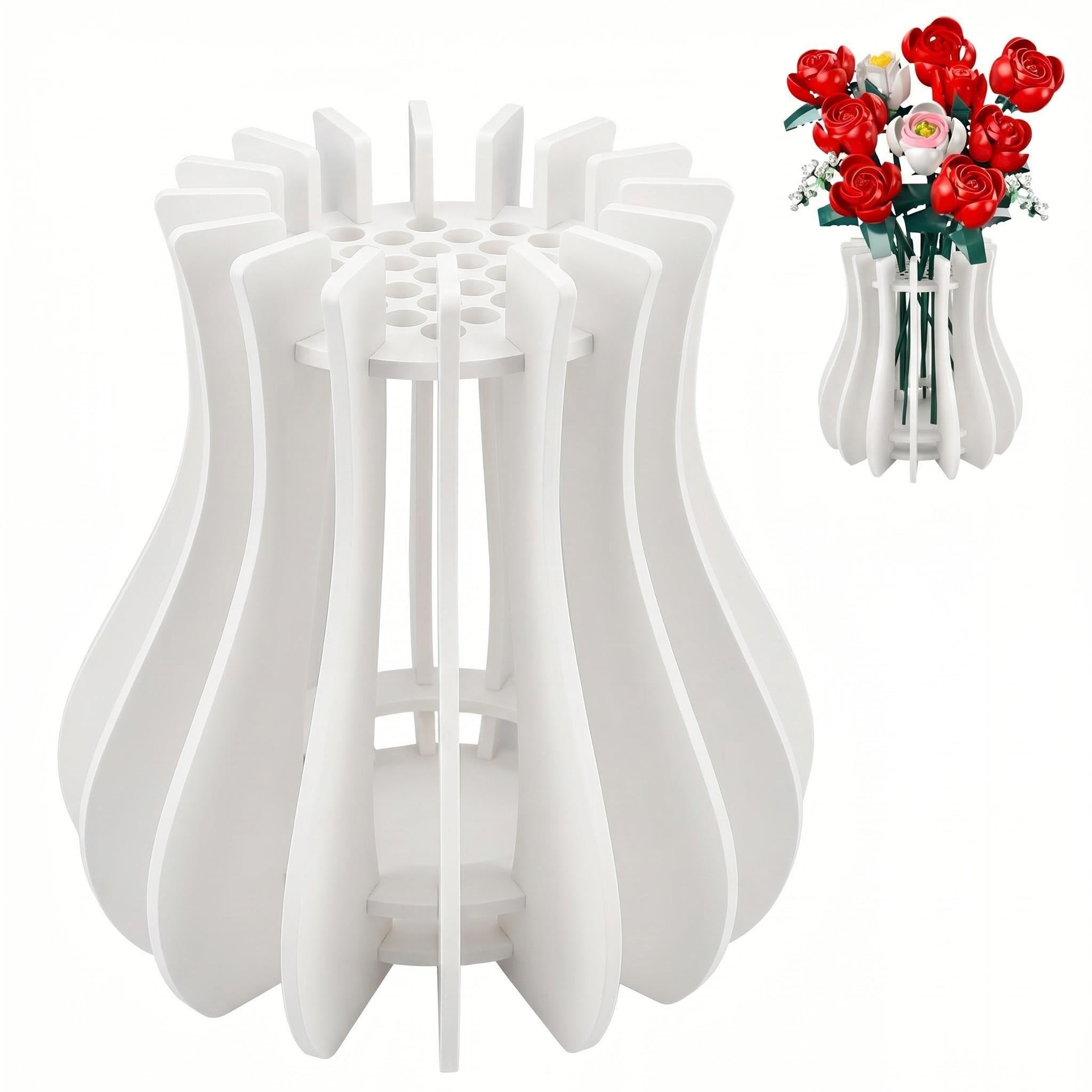 Qiansse White Creative Wooden Puzzle Vase For Lego Flowers Bouquet, Display Vase For Building Bricks Roses Cherry Blossoms Sunflowers Daffodils Unique Gift For Flower Lovers (White)