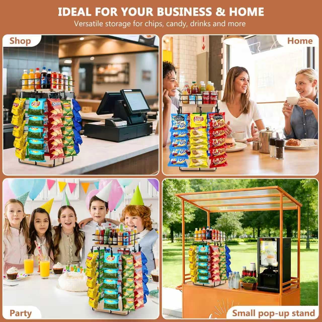 Chip Rack Display Stand, 5-Tier 360° Rotating Organizer with Top Storage Basket for Drinks & Spice Jars, 40 Clips & Snack Tray for Store, Kitchen, Party, Retail Countertop Snack Display (Square Base, Black)
