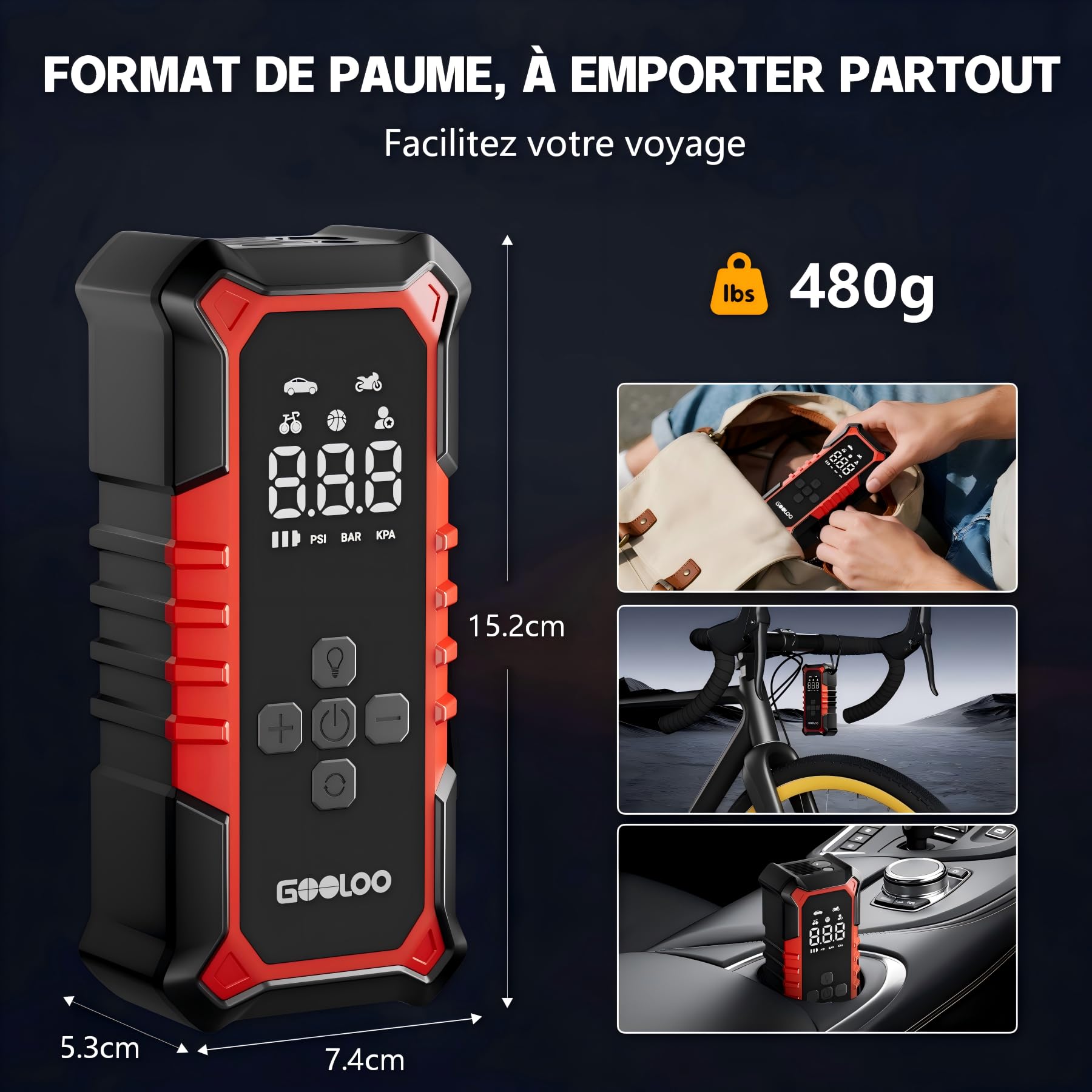 GOOLOO A6 Gear Compresseur d'air Portable 160 PSI (11 BAR) | Gonfleur Pneu Sans Fil, Manomètre Numérique, Pompe Électrique Intelligente, Arrêt Automatique, Lumière LED Pour Pickup