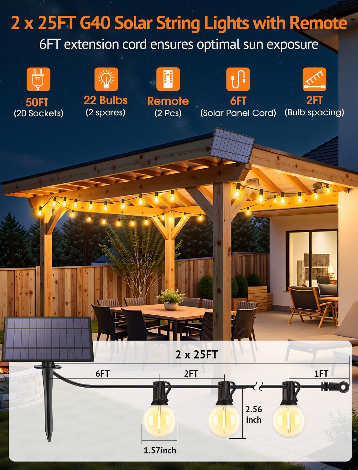 Larkvue Solar-Lichterkette für den Außenbereich, mit Fernbedienung, wasserdicht, dimmbar, 3 Modi, Terrassenlichter mit 20 + 2 LED G40 Glühbirnen für Café, Bistro, Schwarz