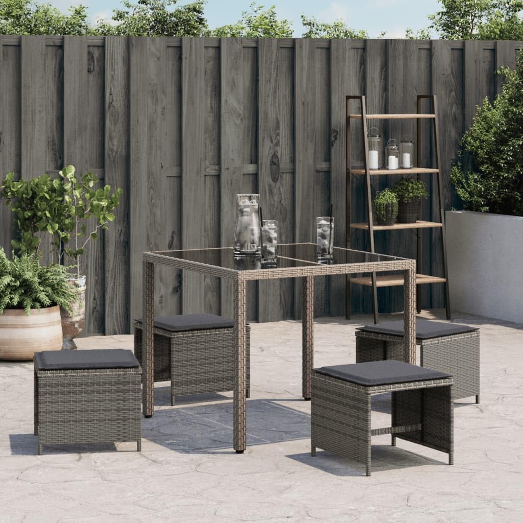Taboret ogrodowy z poduszkami, 4 sztuki, szary, 40 x 40 x 35 cm, polirattan, odporny na warunki atmosferyczne, można układać w stos, stołek do siedzenia na zewnątrz, z tapicerką, na taras