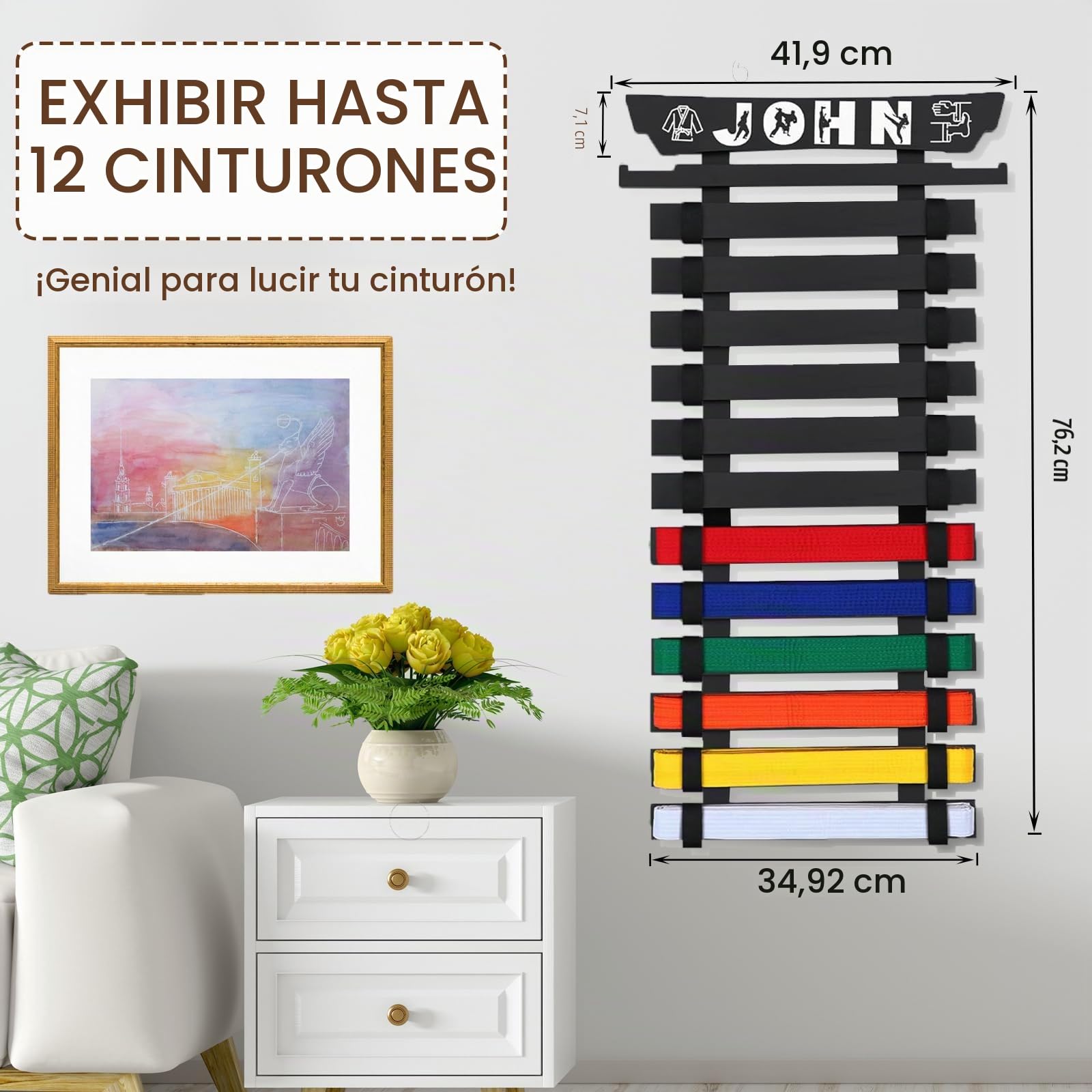 Estante de exhibición de cinturón de karate, soporte de exhibición de cinturón de arte marcial con calcomanías, organizador de cinturón de taekwondo para niños y adultos, organizador de