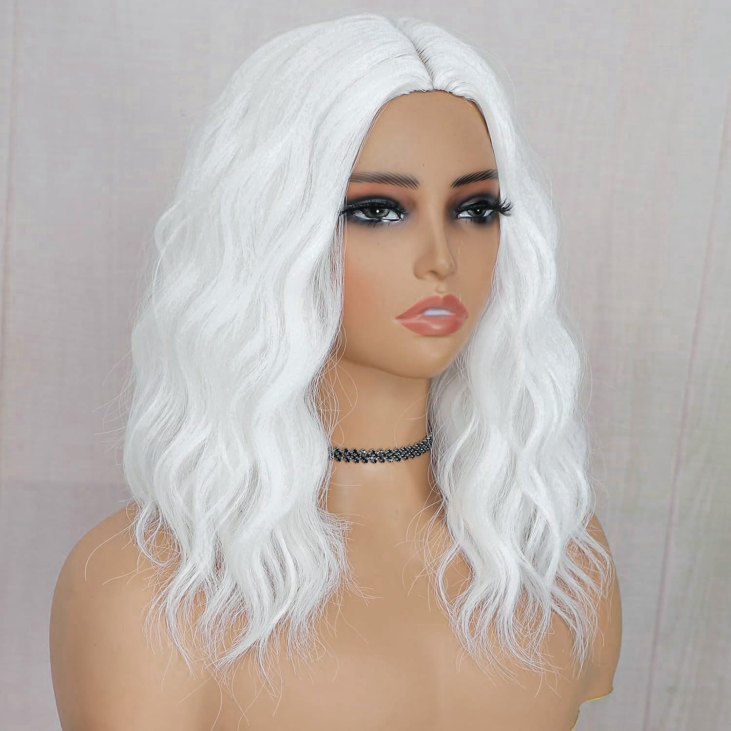 PORSMEER White Wigs for Women Middle Part Short Curly Wavy Bob Wigs for Halloween Cosplay Party Use Heat Resistant Synthetic Hair Wig - Image 3