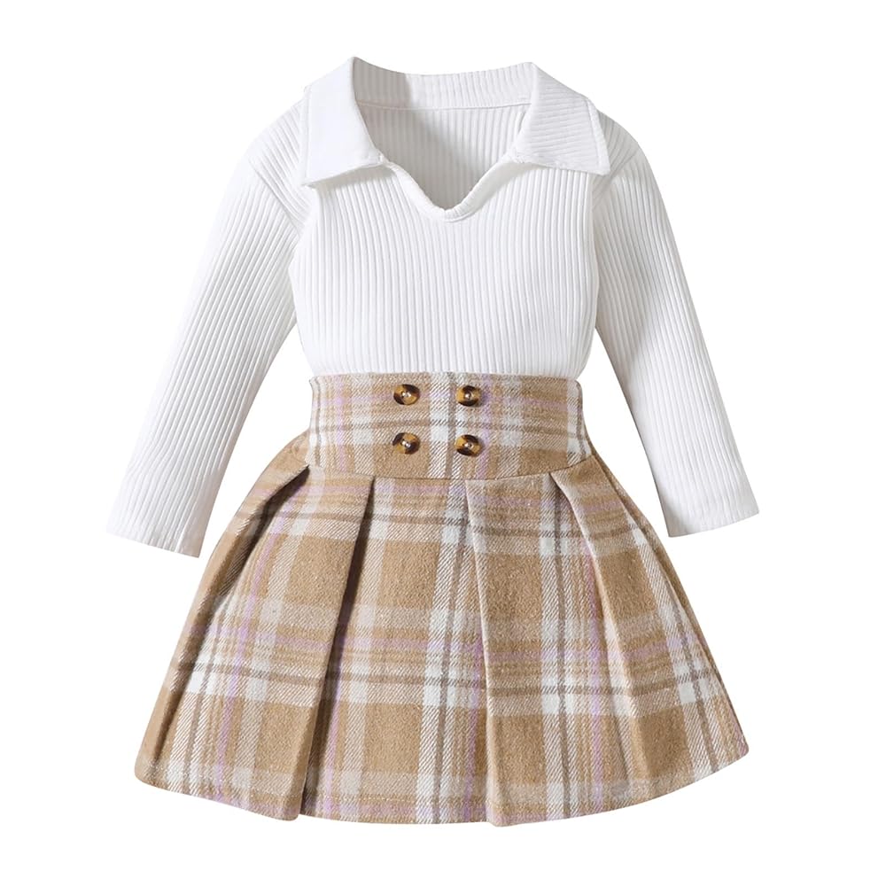 Arshiner Filles Ensembles Enfants Manches Longues Et Jupe À Carreaux Set Automne Hiver Casual Mode Élégant Deux Pièces Vêtements Pour Fille 6-7 Ans
