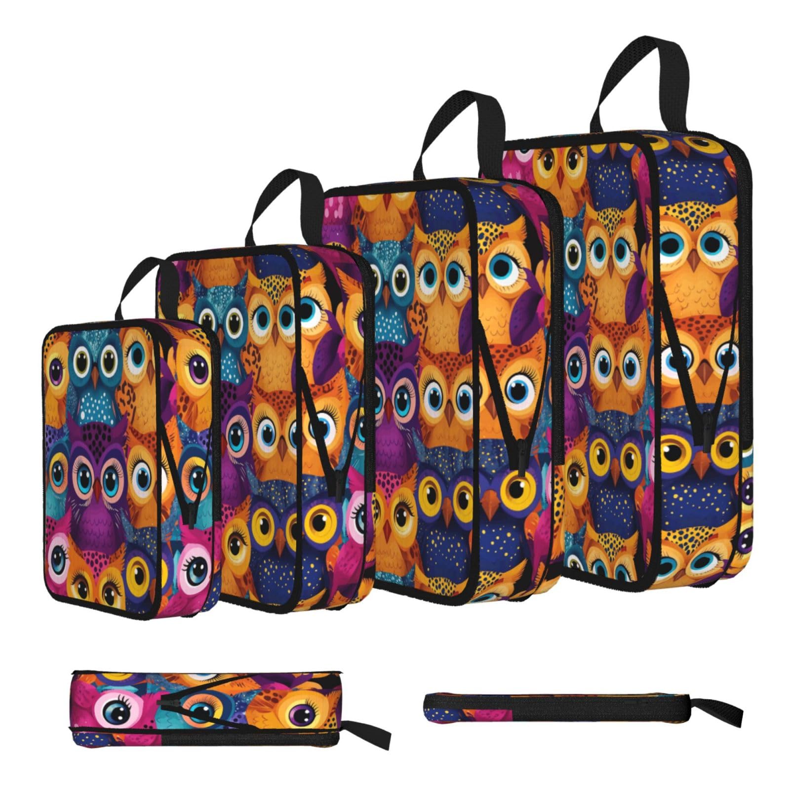 Cartoon Owl Faces Print Packing Cubes for Travel Space Saver Bags, Compression Packing Cubes Set of 4, Expandable Luggage Organisers, Suitcase Organiser Bags