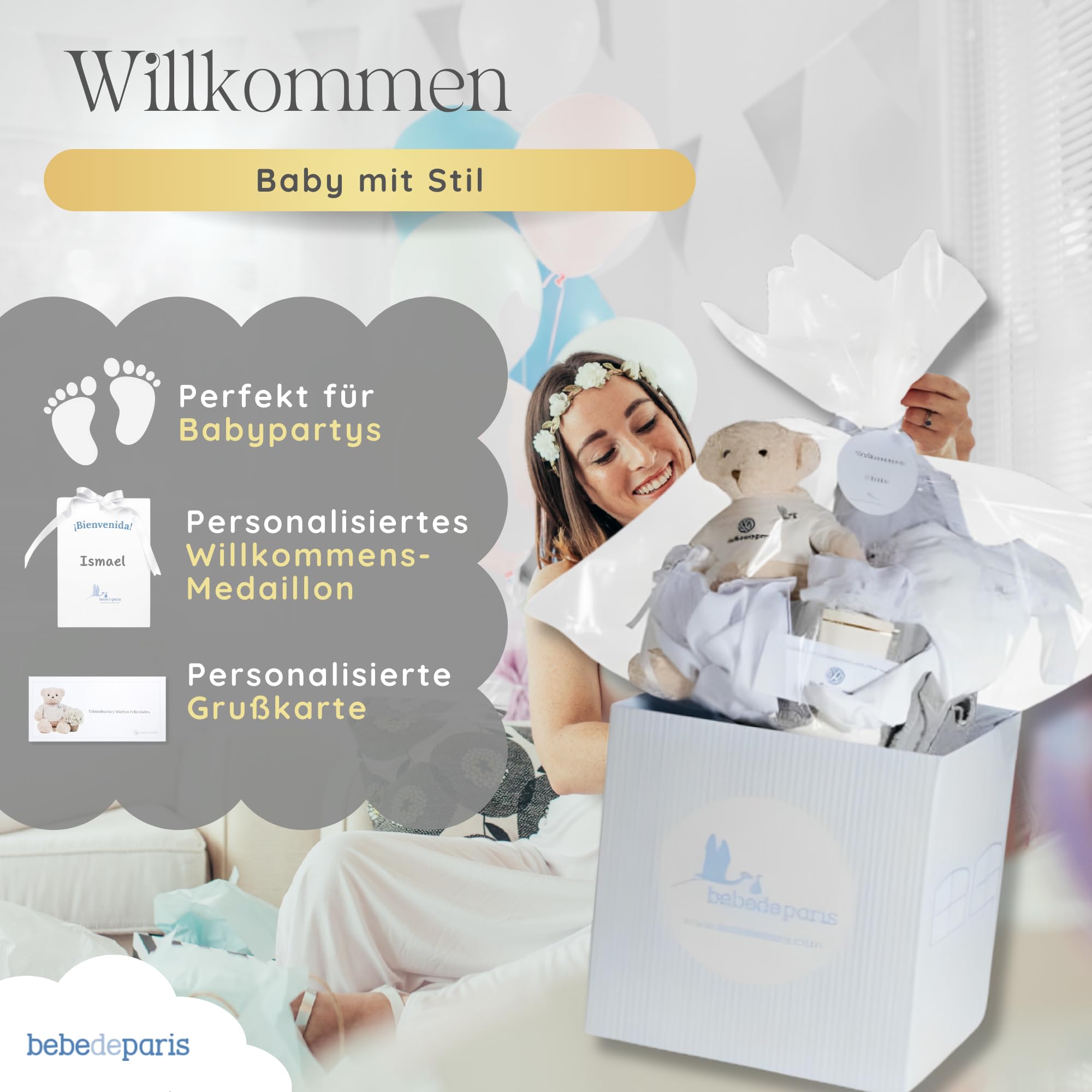 BebeDeParis Baby Geschenkset mit Namen personalisiert | Geschenkkorb zur Geburt | Bademantel bestickt (6–12 Monate), Body, Musselintuch, Kulturbeutel, Windeltasche & Teddybär