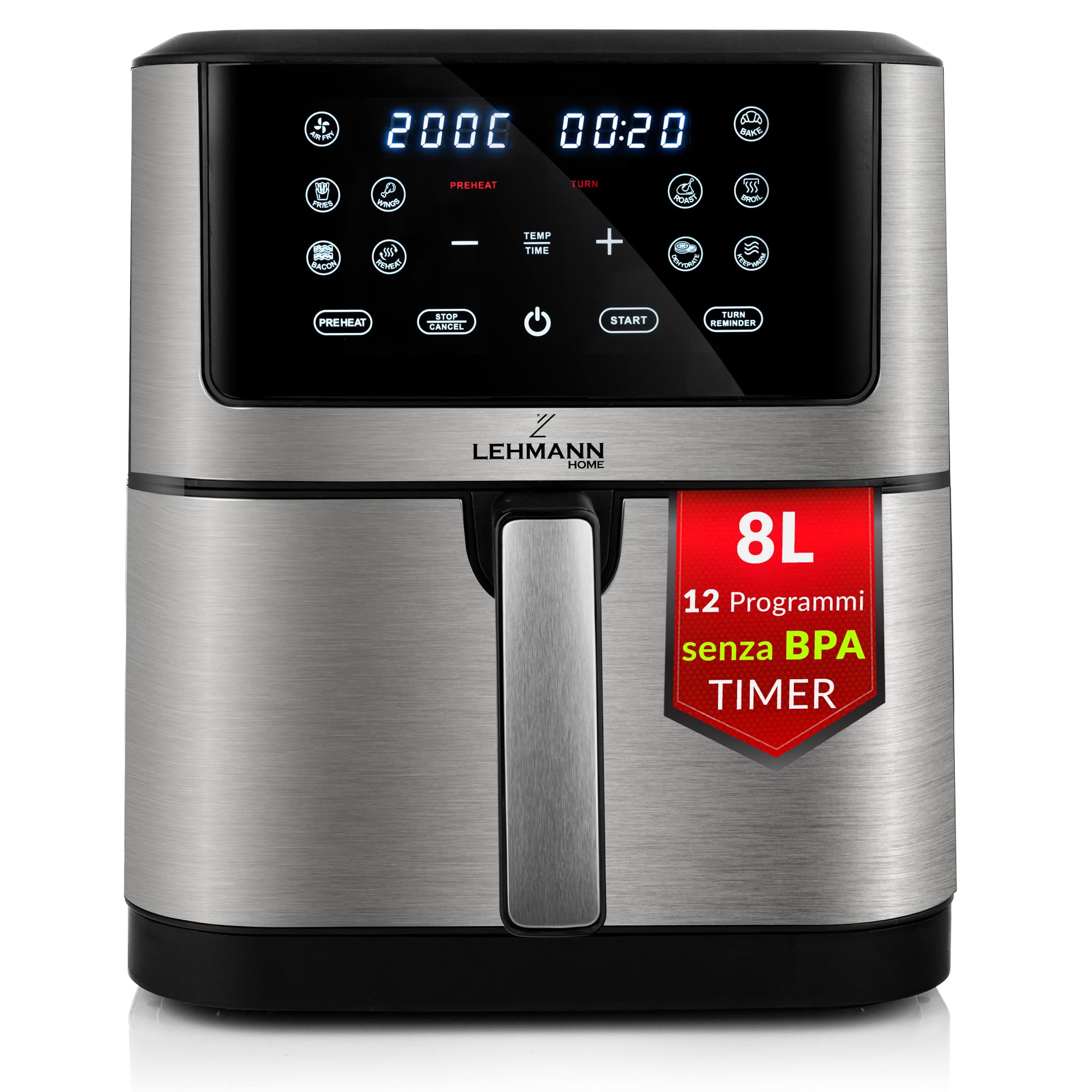 LEHMANN Friggitrice ad Aria XXL 8L, Air Fryer Familiare, 12 Programmi & Regolazione Manuale 76–200°C, Display LED Touch, Lavabile in Lavastoviglie, Rivestimento Antiaderente, 90% di Grassi in Meno