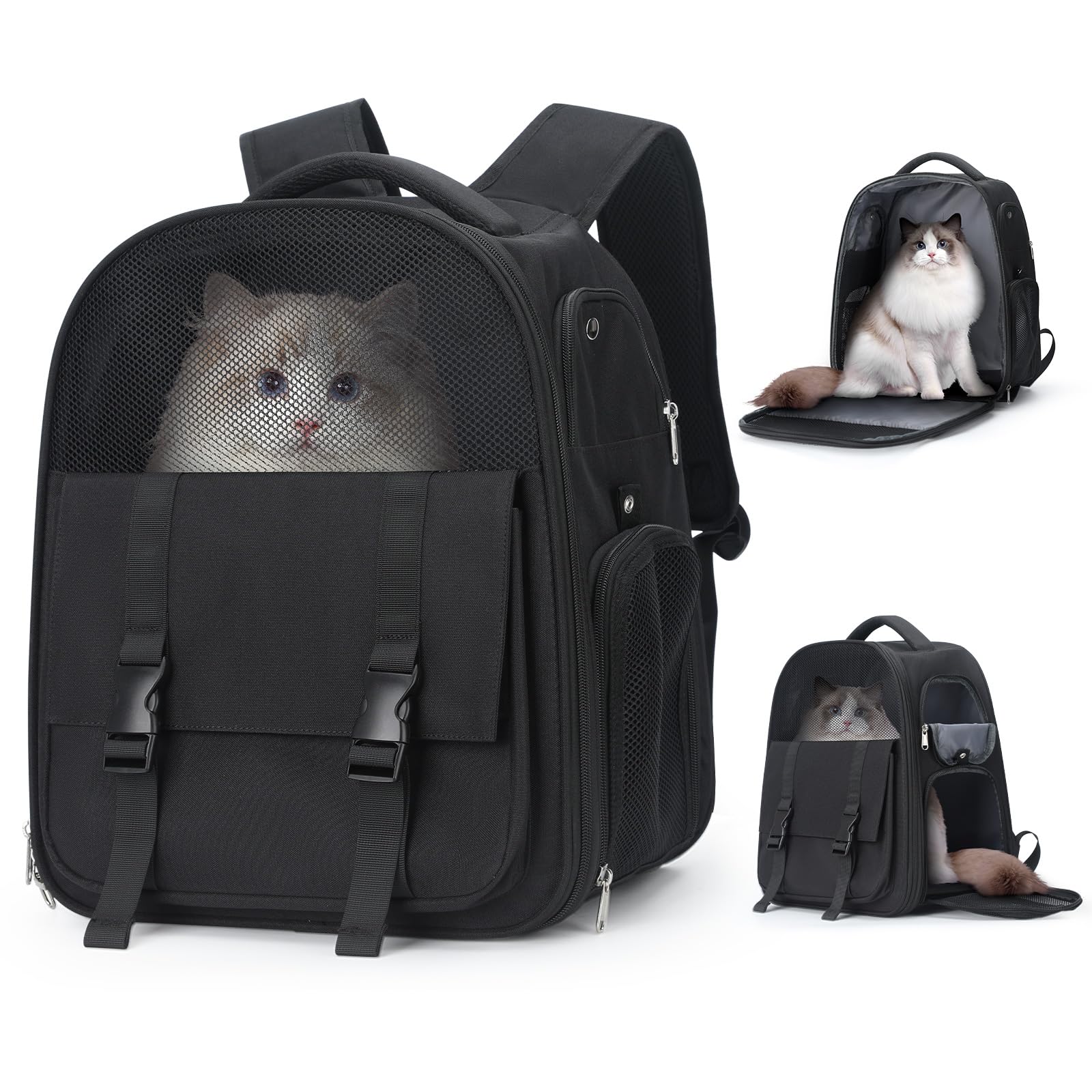 winspansy Transportin Gato, Mochila para Perro Pequeño Mascotas con Ventanas de Red 10kg, Bolso para Perros Gato Pequeños Transporte Ligera Mochila Plegable Portátil Negro