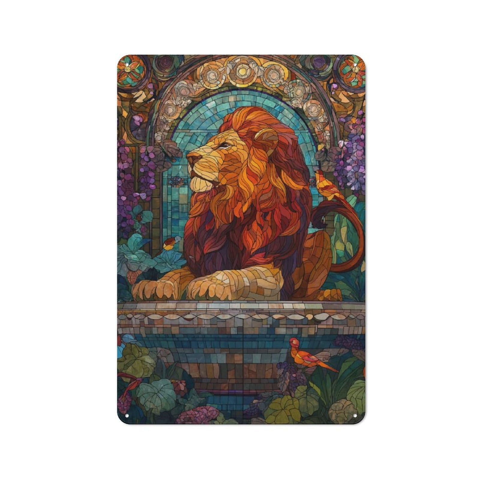 Stained Glass Lion with Birds Classic Metal Wall Decor 30x20cm, Decorative Metal Sign for Workspace, Cafe, Shop Or Desk Area