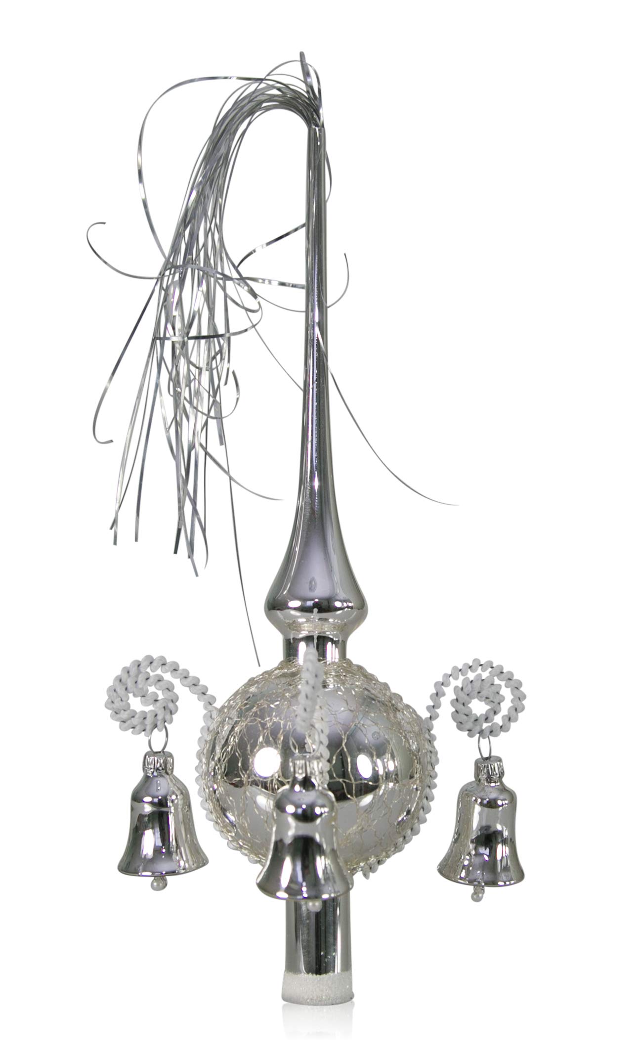 Cimier recouvertes de clochette Argent, L env. 28 cm d (Boule) 7 cm Décoration de Noël Pointe Pointe Sapin de Noël soufflé, handdekoriert, leonischer Lauschaer Verre fil l'original