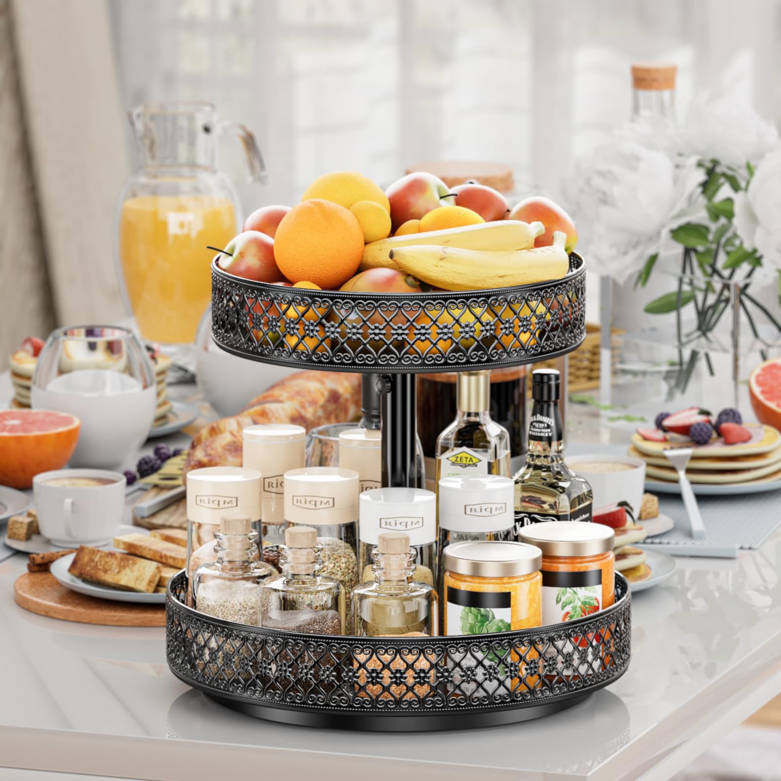 Especiero Lazy Susan 2 niveles 360°, organizador giratorio de metal 30 cm | Bandeja giratoria floral para especias y objetos pequeños. Ideal para cocina, despensa, nevera, baño y mesa.