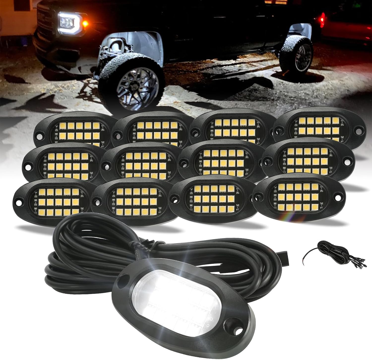 Winunite 12 Pods Quick Connect White Rock Lights, 4M Extension Wires Each Light, 15 SMD Chips, High Adhesive Stickers, 6000K Pure White, IP67 Waterproof, Fit for Trucks Trailer SUV ATV UTV