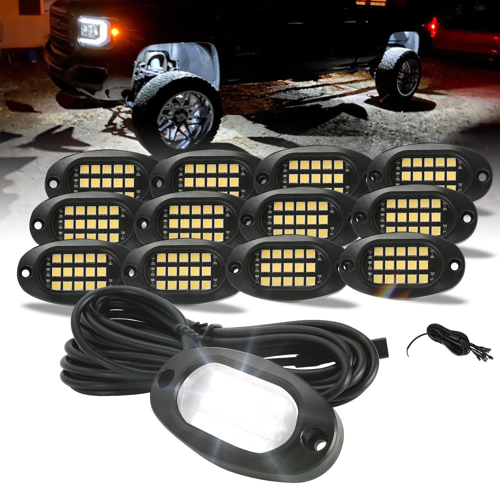 12 Pods Quick Connect White Rock Lights, 4M Extension Wires Each Light, 15 SMD Chips, High Adhesive Stickers, 6000K Pure White, IP67 Waterproof, Fit for Trucks Trailer SUV ATV UTV