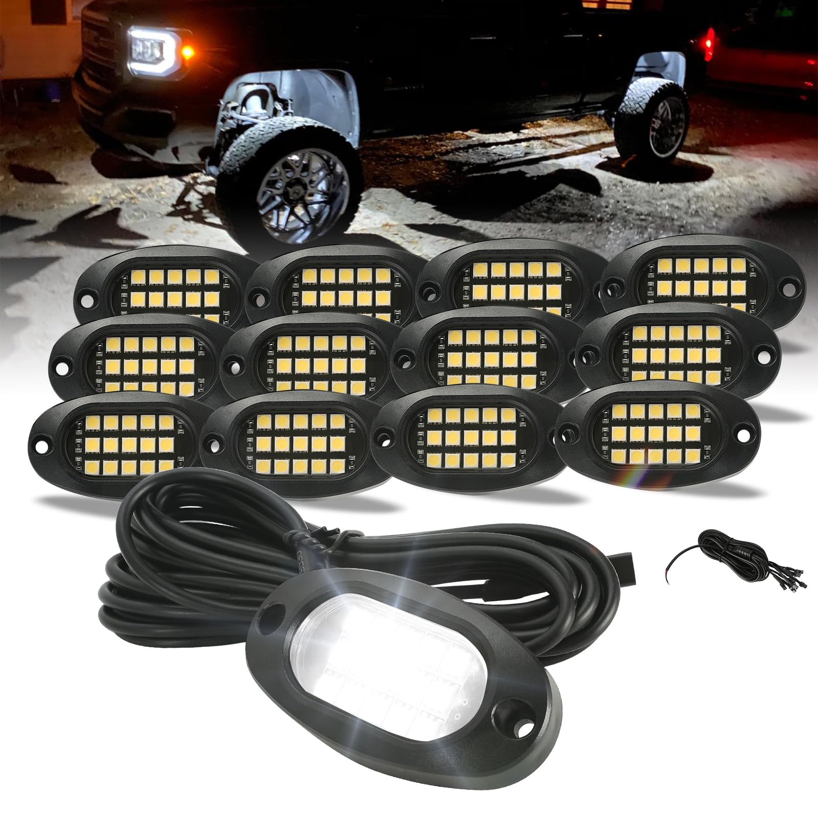 12 Pods Quick Connect White Rock Lights, 4M Extension Wires Each Light, 15 SMD Chips, High Adhesive Stickers, 6000K Pure White, IP67 Waterproof, Fit for Trucks Trailer SUV ATV UTV