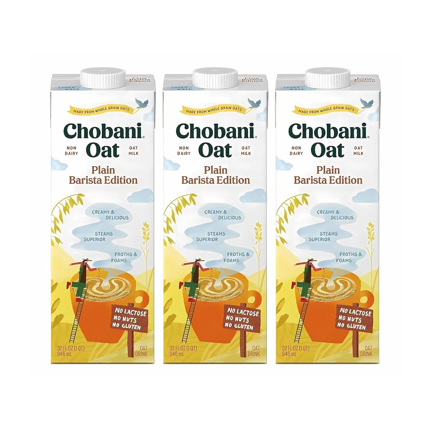 Chobani Oat Barista Edition Plain Oat Milk, Shelf-Stable Vegan Gluten-Free Non-Dairy, 32oz Pack of 3