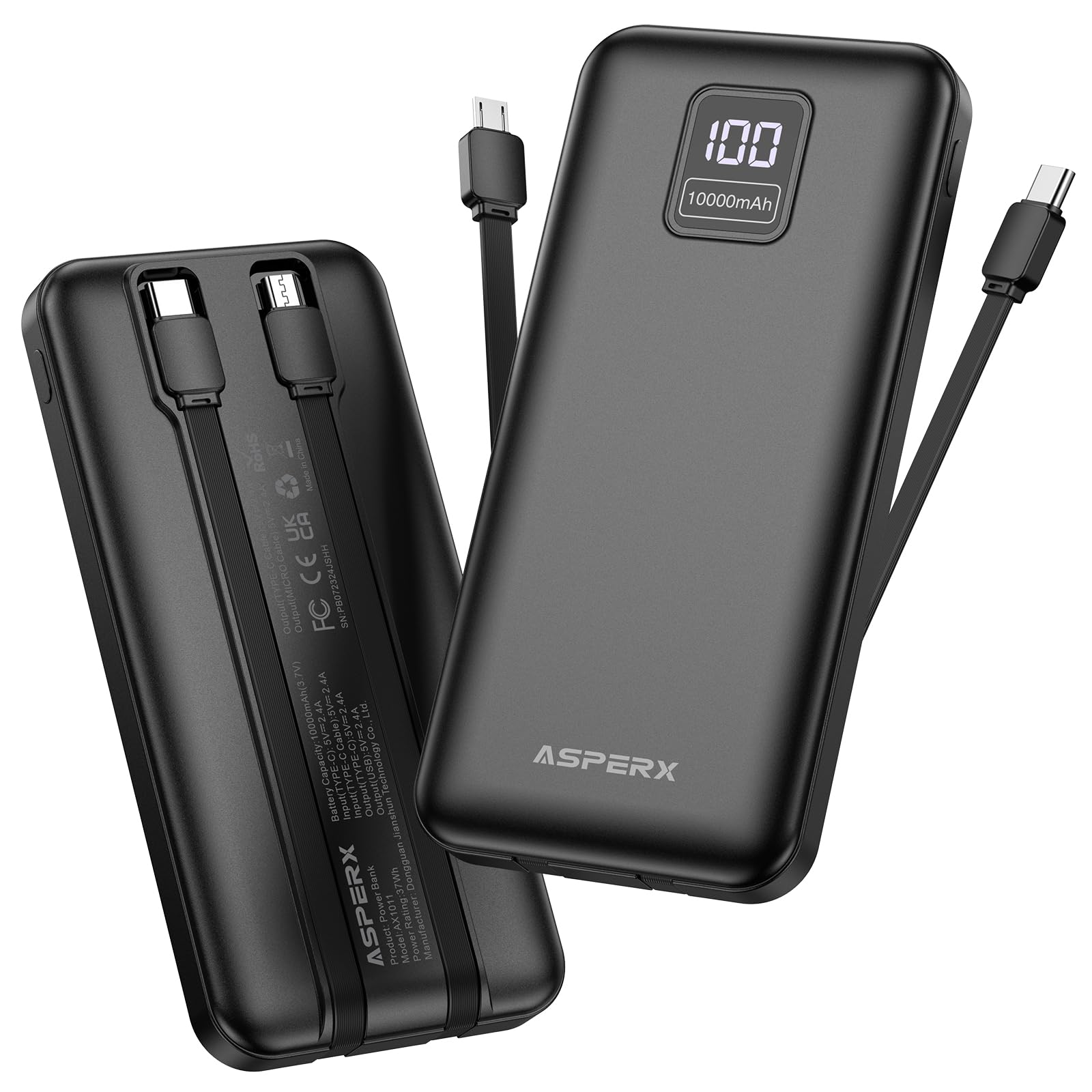 AsperX 2er Powerbank 10000mAh mit USB-C Kabel,4 Ausgängen Schnellladen,Power Bank Klein Aber Stark mit LED-Display,Akkupack Kompatibel mit iPhone Samsung,Geeignet für Reisen Camping