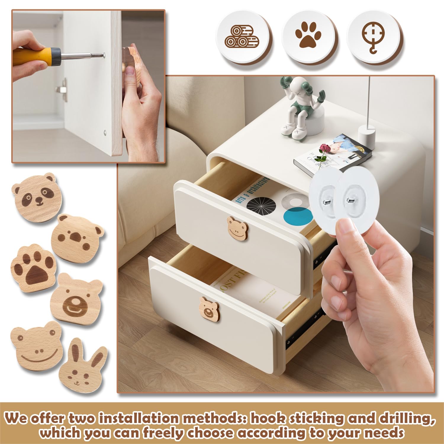 Pomelli per Mobili Bambini Animali, 6 Pezzi in Legno per Armadi Cassetti Comodino