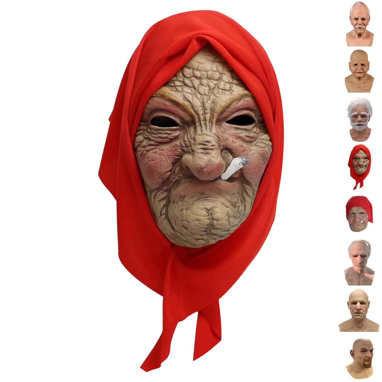 Old Lady Realistic Mask Funny Wrinkle Skin Old Man Mask with Red Headscarf Carnival Halloween Costume Grandma Cosplay Props 3D Granny Masks for Adults Realistic Female Silicone Masks Wide Vision 2026