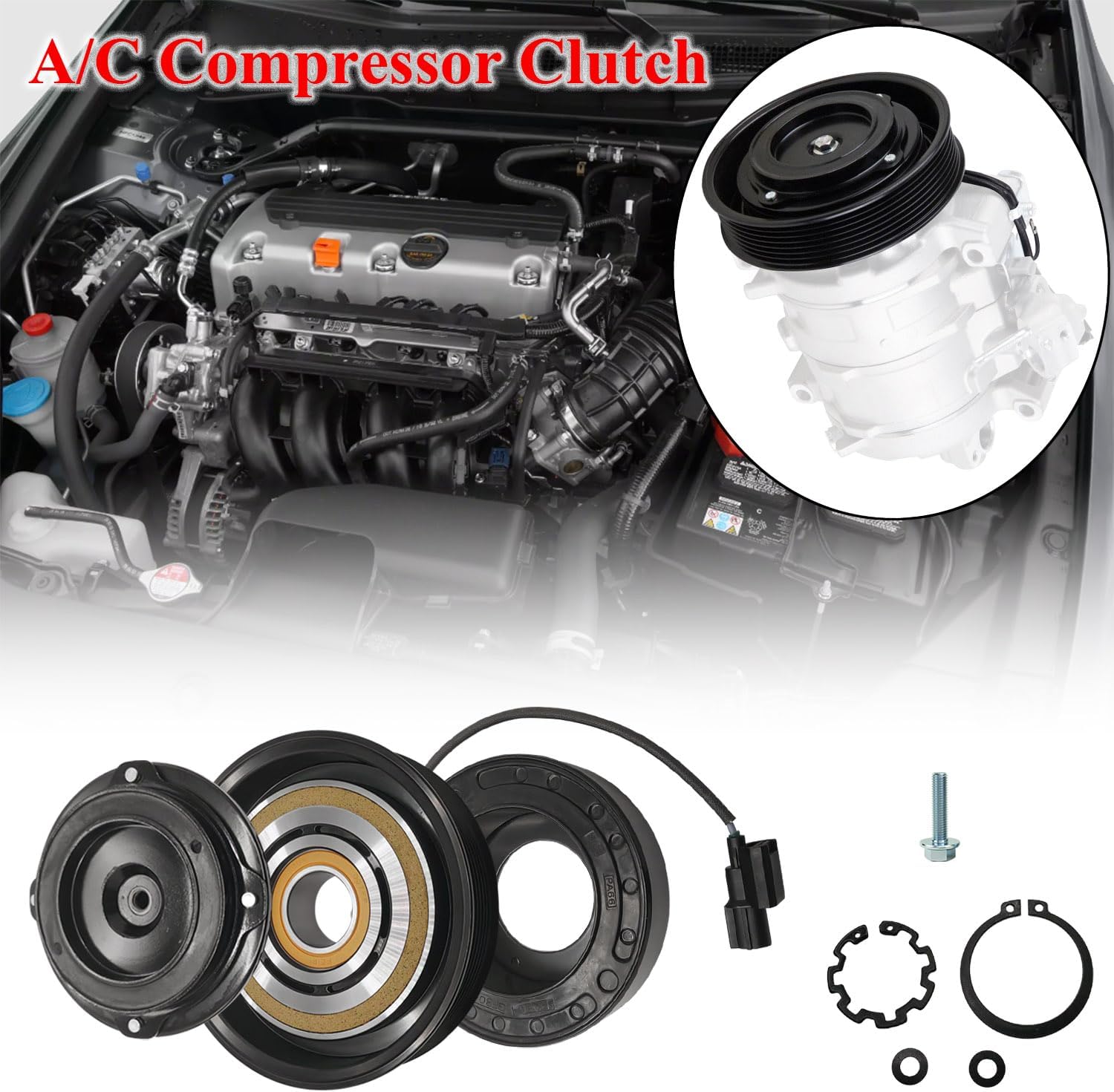 A/C Compressor Clutch Assembly Kit Plate Pulley Bearing Coil 38810R40A01 Replacement for 2008-2012 Honda Accord 4CYL 2.4L, AC Air Conditioning Compressor Clutch Coil Auto Repair Kit