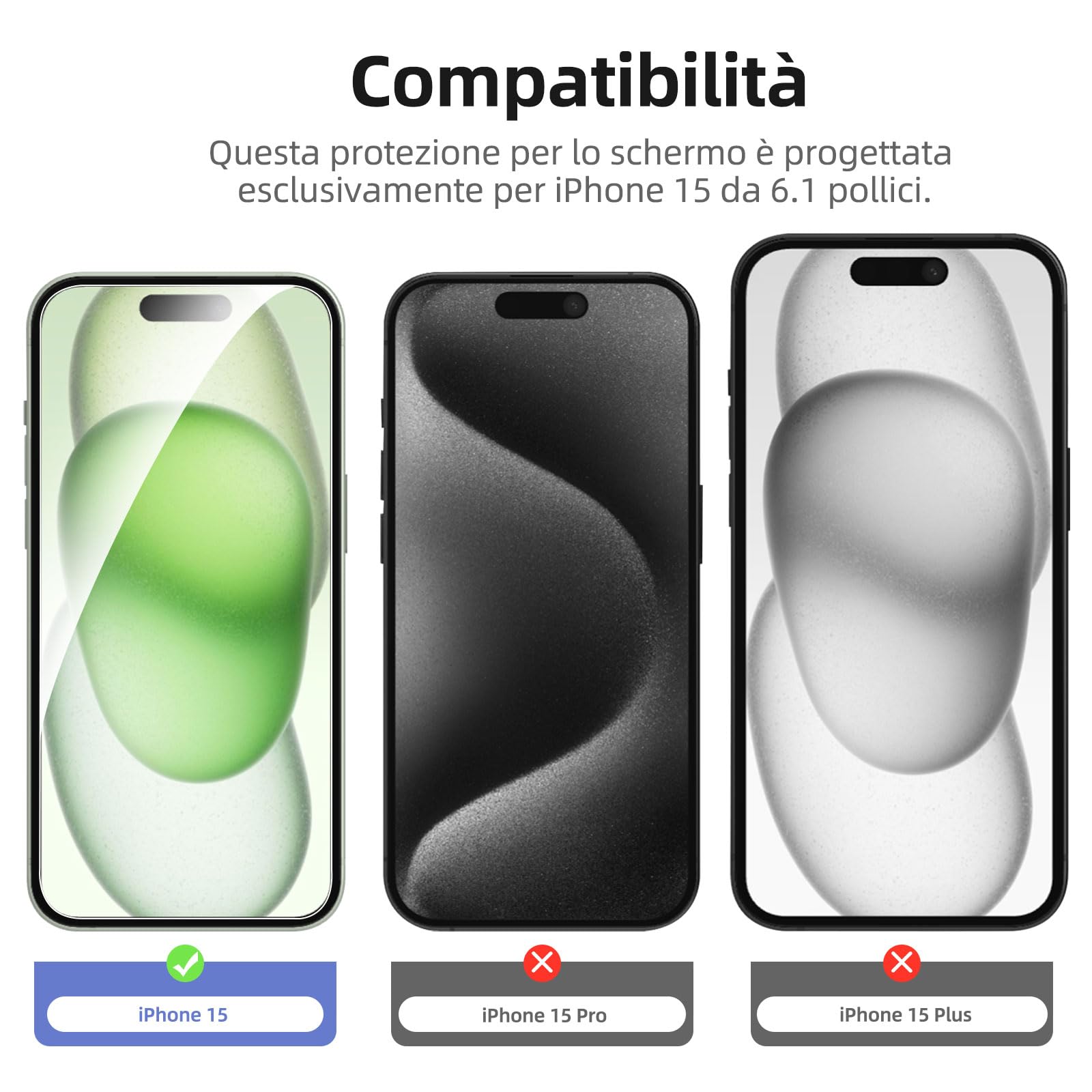 NEW'C 4 Pezzi, 2 x Pellicola Vetro Temperato per iPhone 15 (6,1") e 2 x Pellicola Vetro Protettiva Fotocamera Posteriore per iPhone 15 (6,1")-Ultra Resistente - Vetro Durezza 9H