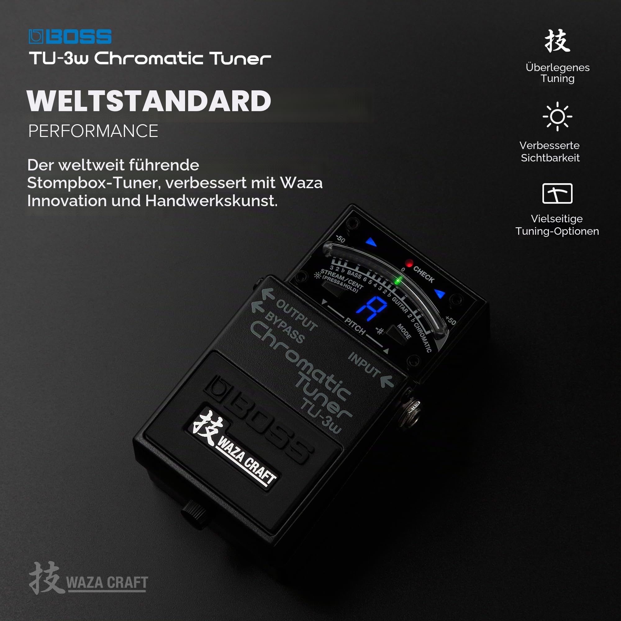 BOSS TU-3W Chromatischer Boden-Tuner auf Basis der innovativen Waza-Handwerkskunst | Extrem zuverlässiges Pedalboard-Tuning für Gitarre und Bass | Überarbeitete Schaltung