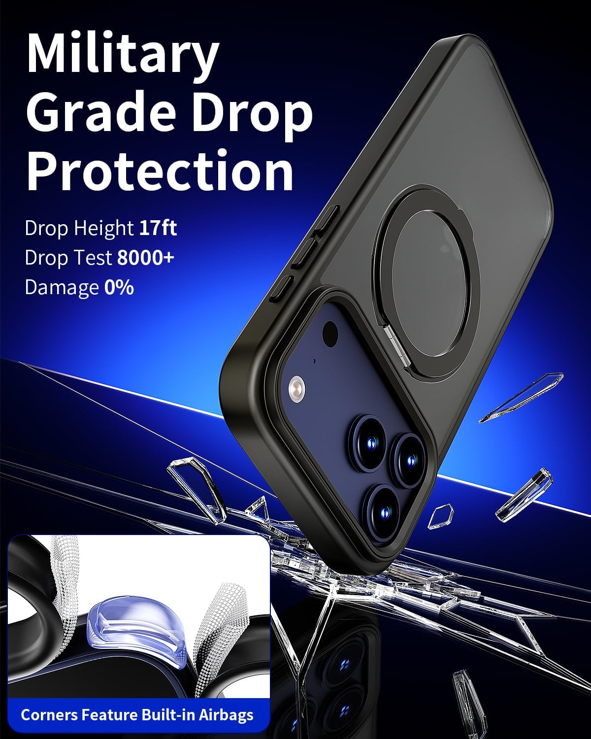 Magnetic for iPhone 17 Pro Max Case 360° Spin Stand, Compatible with MagSafe, Military Grade Drop Protection, Translucent Matte Shockproof with Anti-Fingerprint Phone Cover 2025, Black