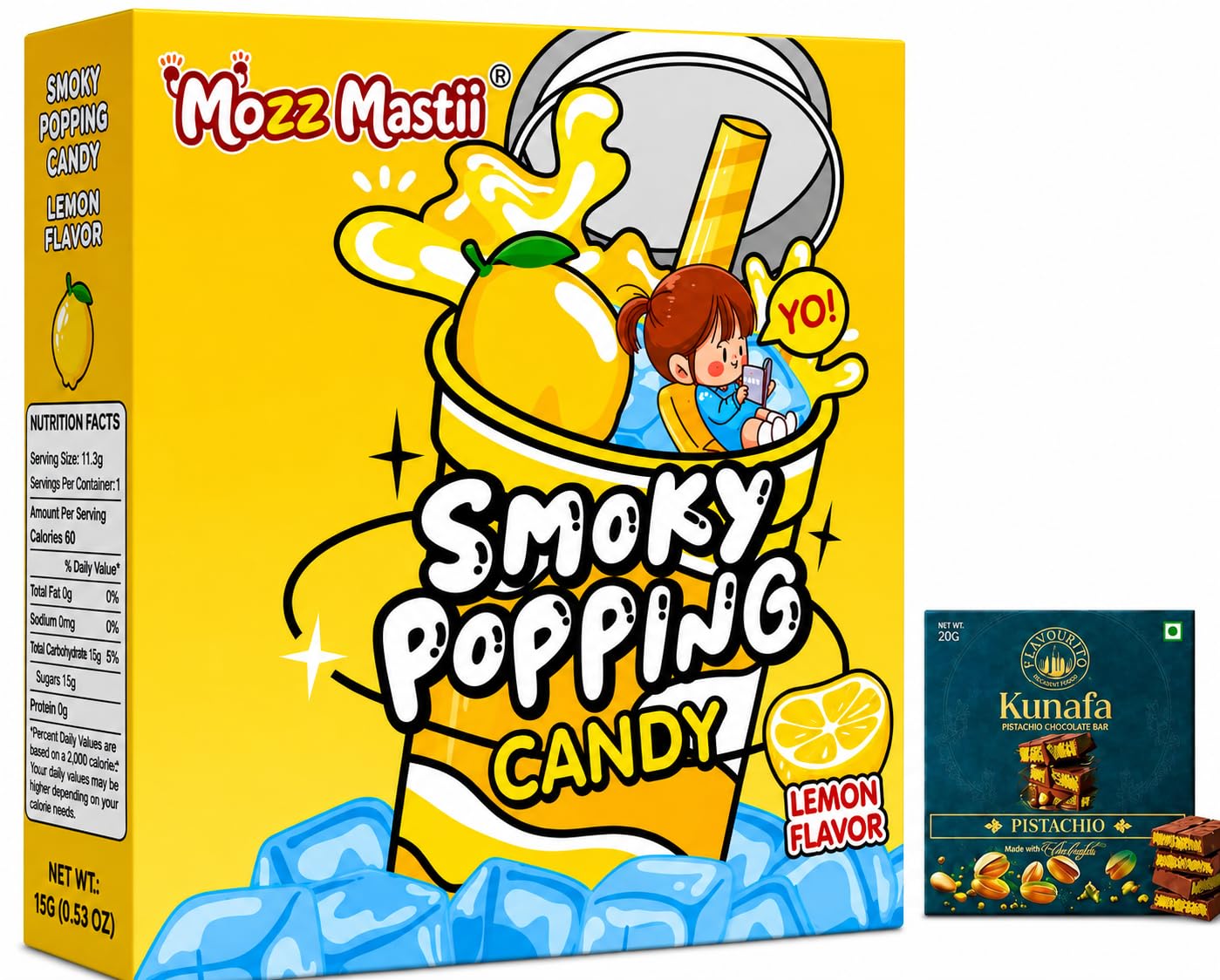 Mozz Mastii Smoky Popping Candy Lemon Flavour 150g With Free Flavourito Kunafa Pistachio Chocolate Bar, 20g By Decadent Foods (Imported)-image-32