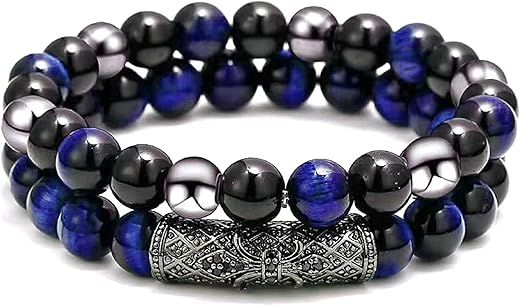 2Pcs Triple Protection Bracelet,Natural Tigers Eye Black Obsidian&hellip;