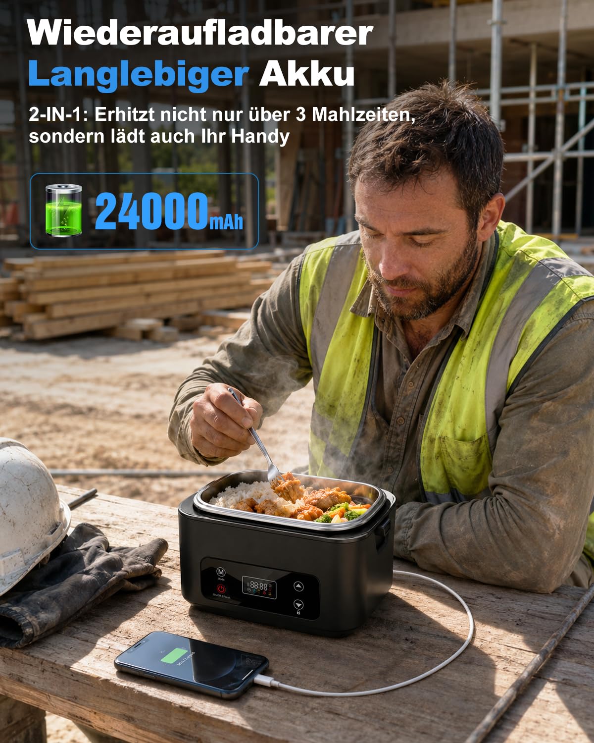 Elektrische Lunchbox, 100W Brotzeitbox Brotdose Groß 1.2L, 24000mAh Heatbox | Kabellos Tragbare Beheizbare Lunchbox Elektrisch Erwachsene mit Edelstahl Gabel Löffel für Büro Arbeit Auto Lkw Camping