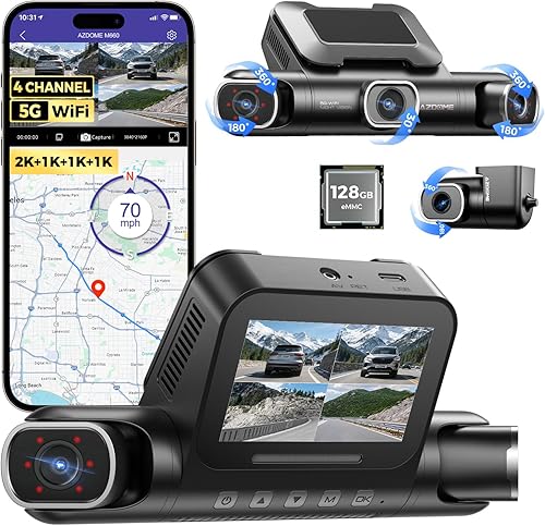AZDOME 360° 4 Channel Dash Cam Front and Rear Inside, Built-in 128GB eMMC, 2K+1080P*3 Dashcam, Left Right, Voice Control, 5G WiFi Dash Camera for Cars with 4 Adjustable Lenses, IR Night Vision, M660