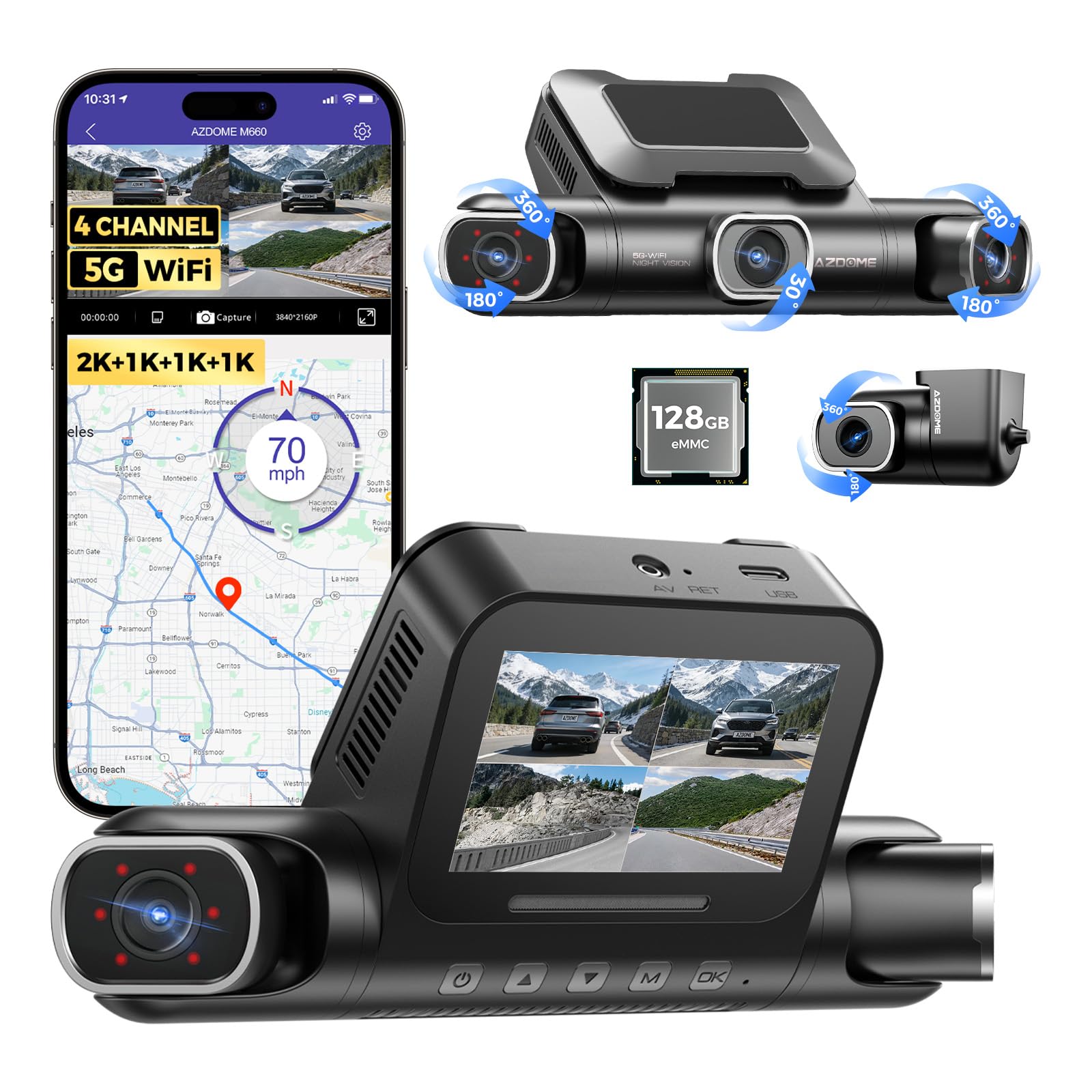 AZDOME 360° 4 Channel Dash Cam Front and Rear Inside, Built-in 128GB eMMC, 2K+1080P*3 Dashcam, Left Right, Voice Control, 5G WiFi Dash Camera for Cars with 4 Adjustable Lenses, IR Night Vision, M660