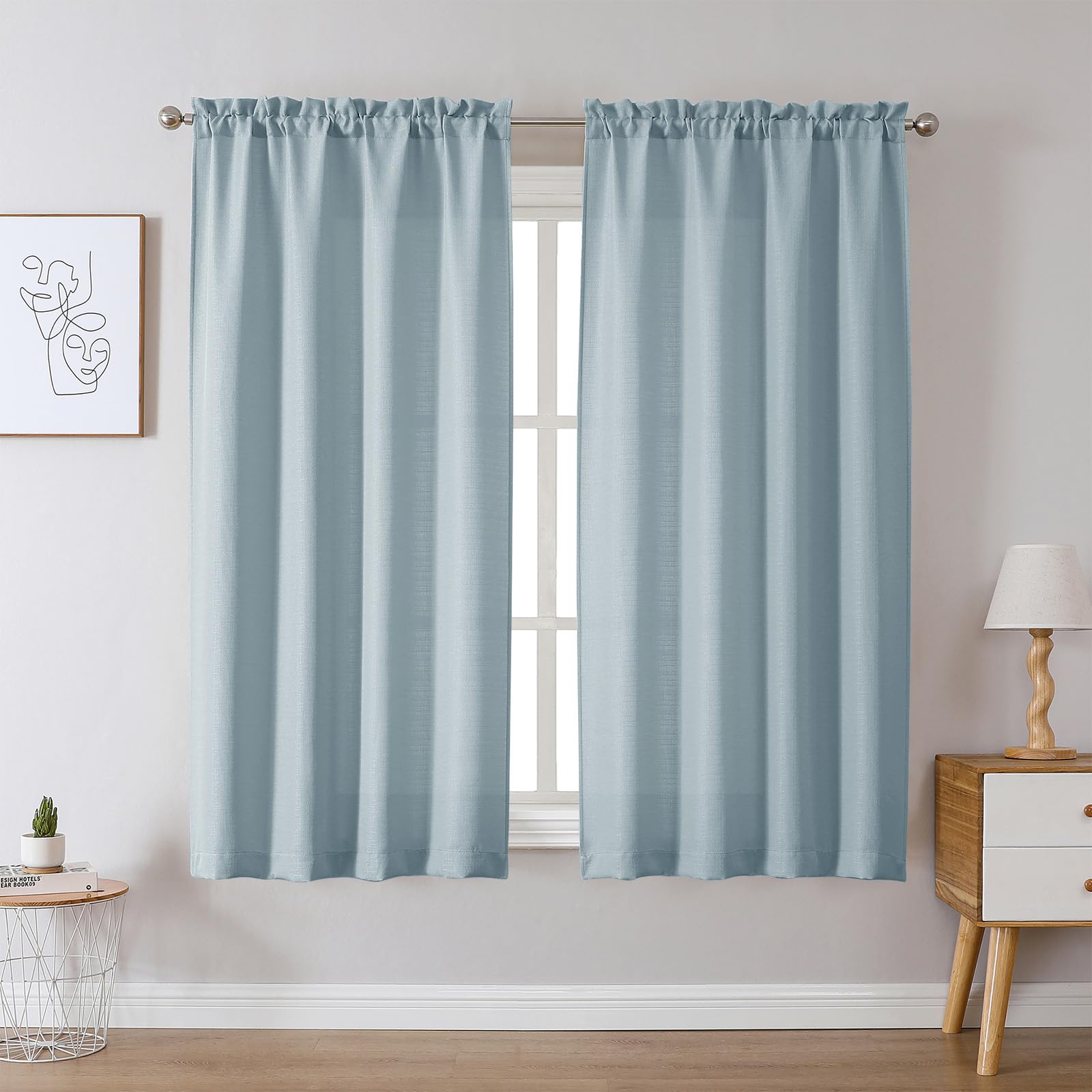 Chyhomenyc Bennet Aqua with Greenish Tone Curtains 63 Inch Length 2 Panels, Light Filtering Faux Linen Textured Rod Pocket Window Treatment Drapes for