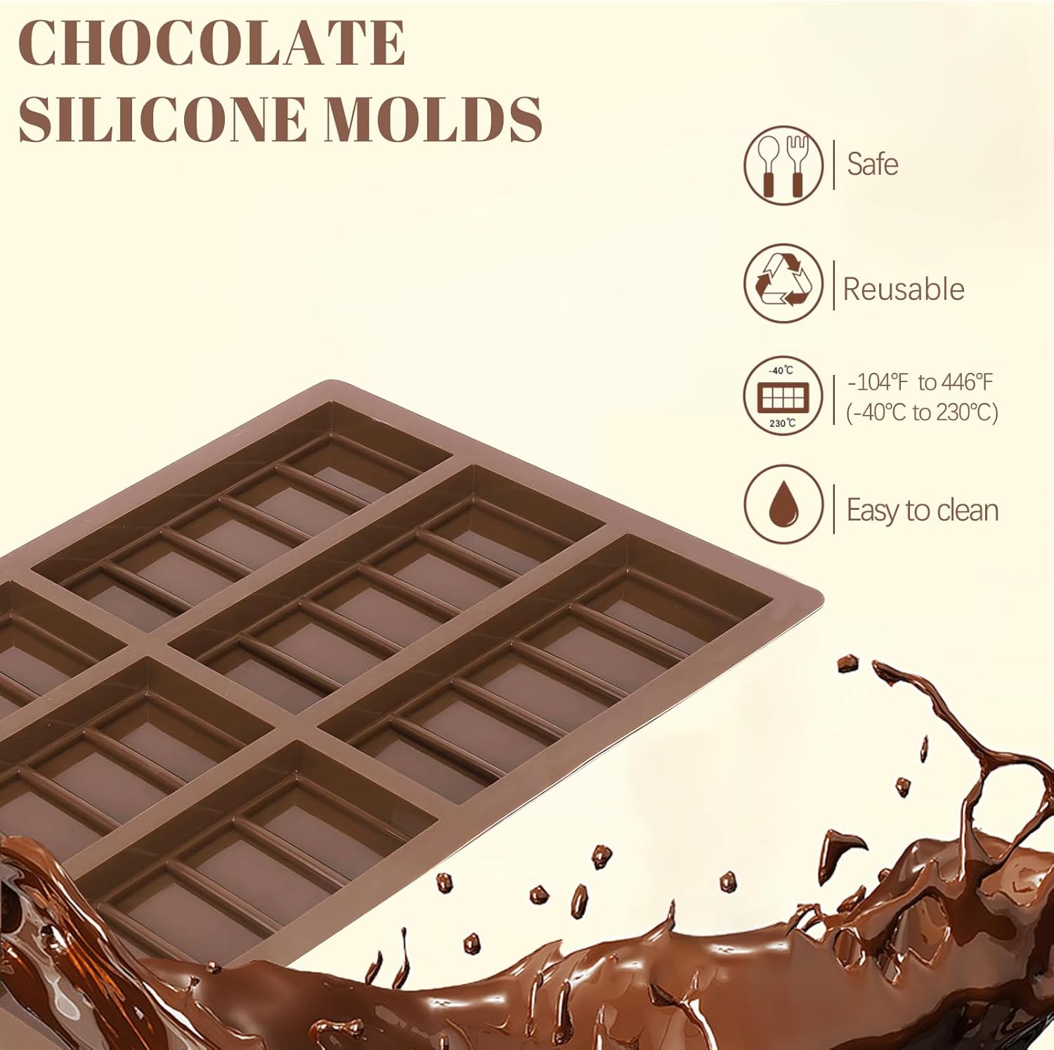 2 Pack Chocolate Bar Mold Deep for Stuffed Bar, Non-Stick Thick Chocolate Molds, Silicone Chocolate Candy Molds for Knafeh Pistachio Chocolate Bar, Candy, DIY Handmade Gifts (5 Snap+10 Snap) - Image 6