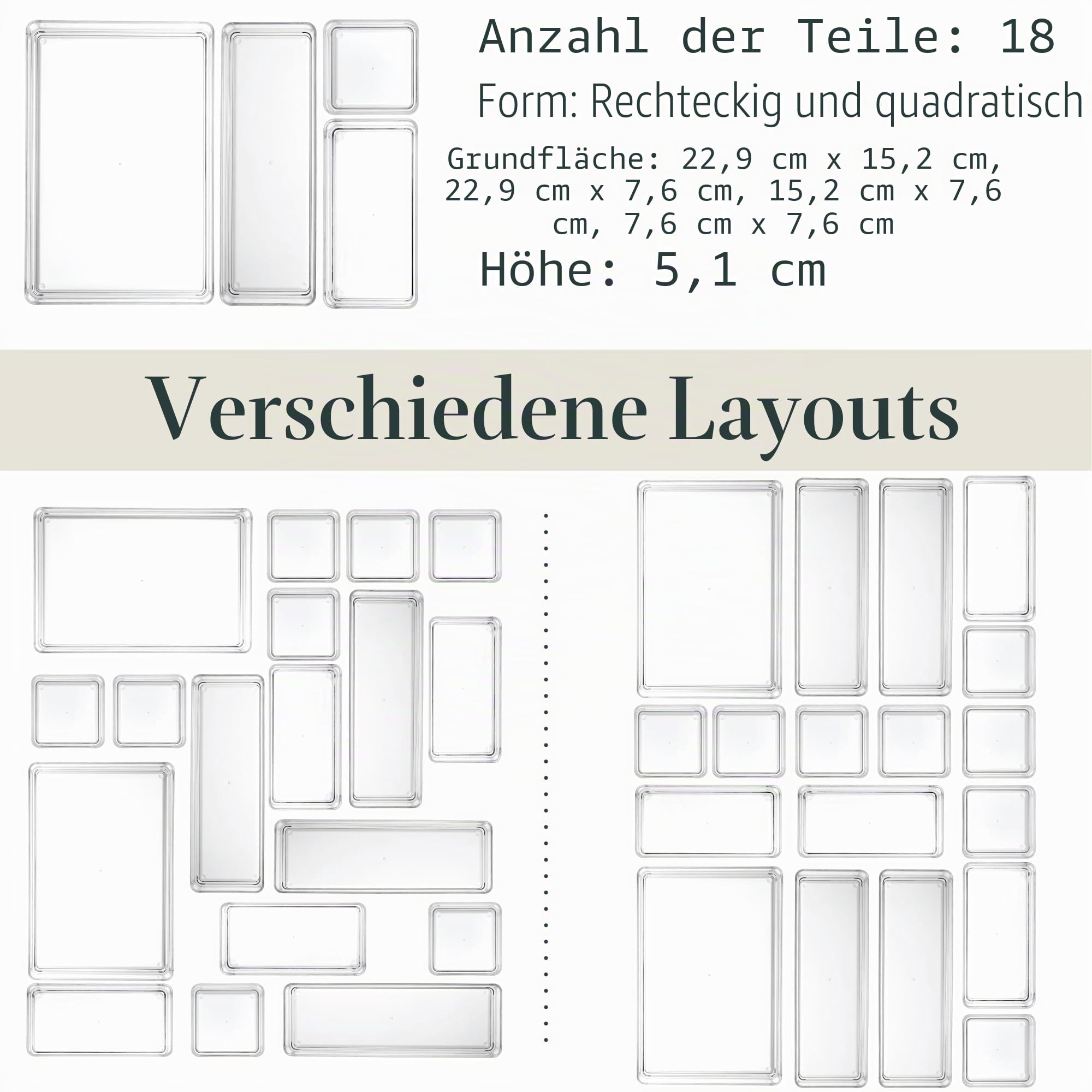 STORi SimpleSort 18-teiliges stapelbares transparentes Schubladen-Organizer-Set | mehrere Größen | Make-up-Aufbewahrungsbehälter und Büro-Schreibtisch-Schubladenteiler | Hergestellt in den USA