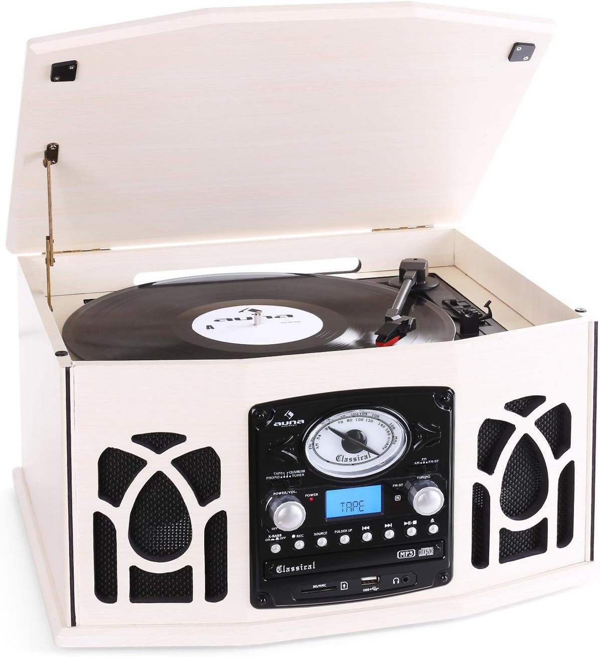 Chaîne Hi-Fi Roadstar Vintage – Platine Vinyle 33/45/78 Tours + Radio DAB+/FM + CD + Cassette + Bluetooth – Bois