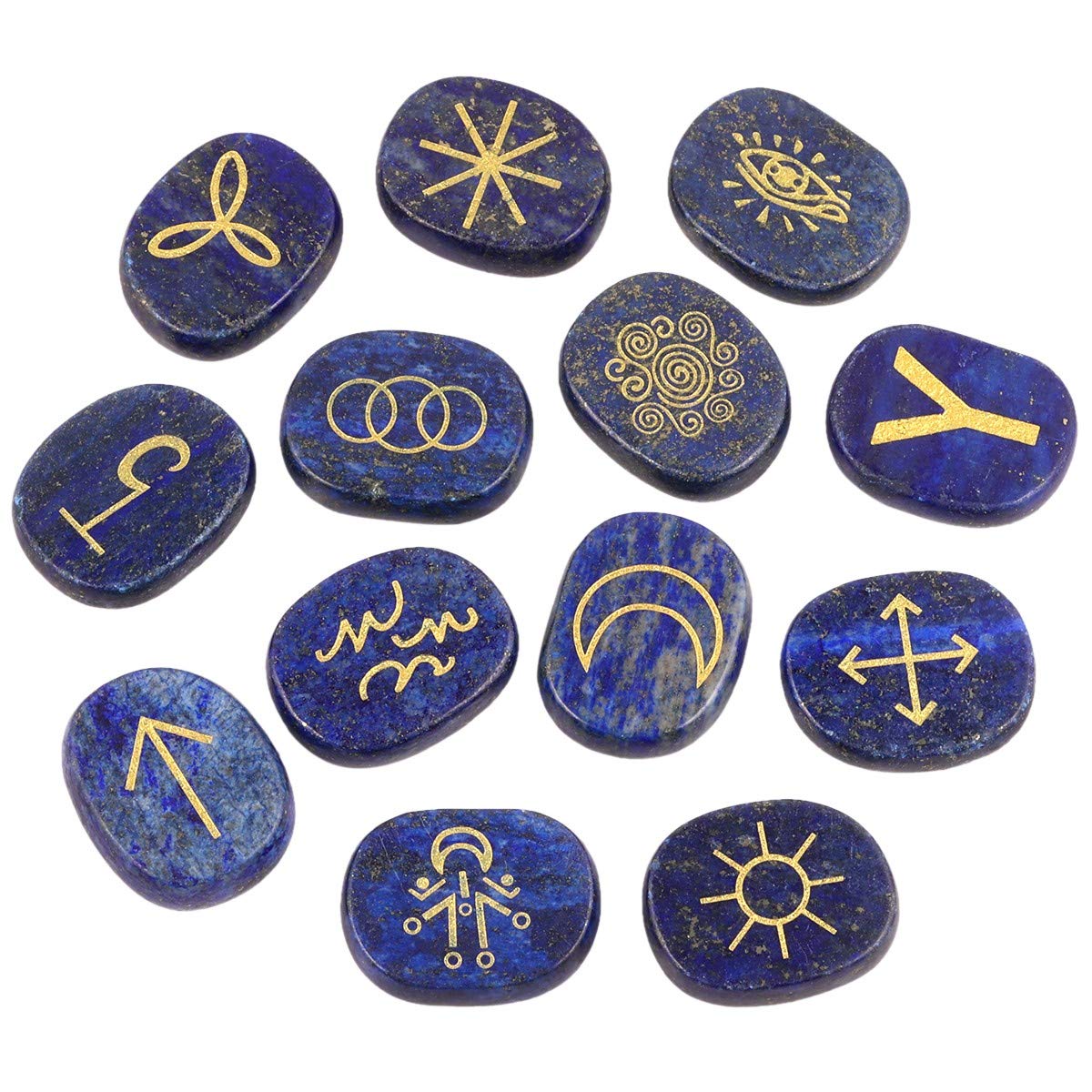 mookaitedecor Lapis Lazuli Naturelle Pierre Gravée avec Symbole de Gitan,Protection Pierres Runes pour Divination Reiki Guérison Méditation Voyance,Lot de 13