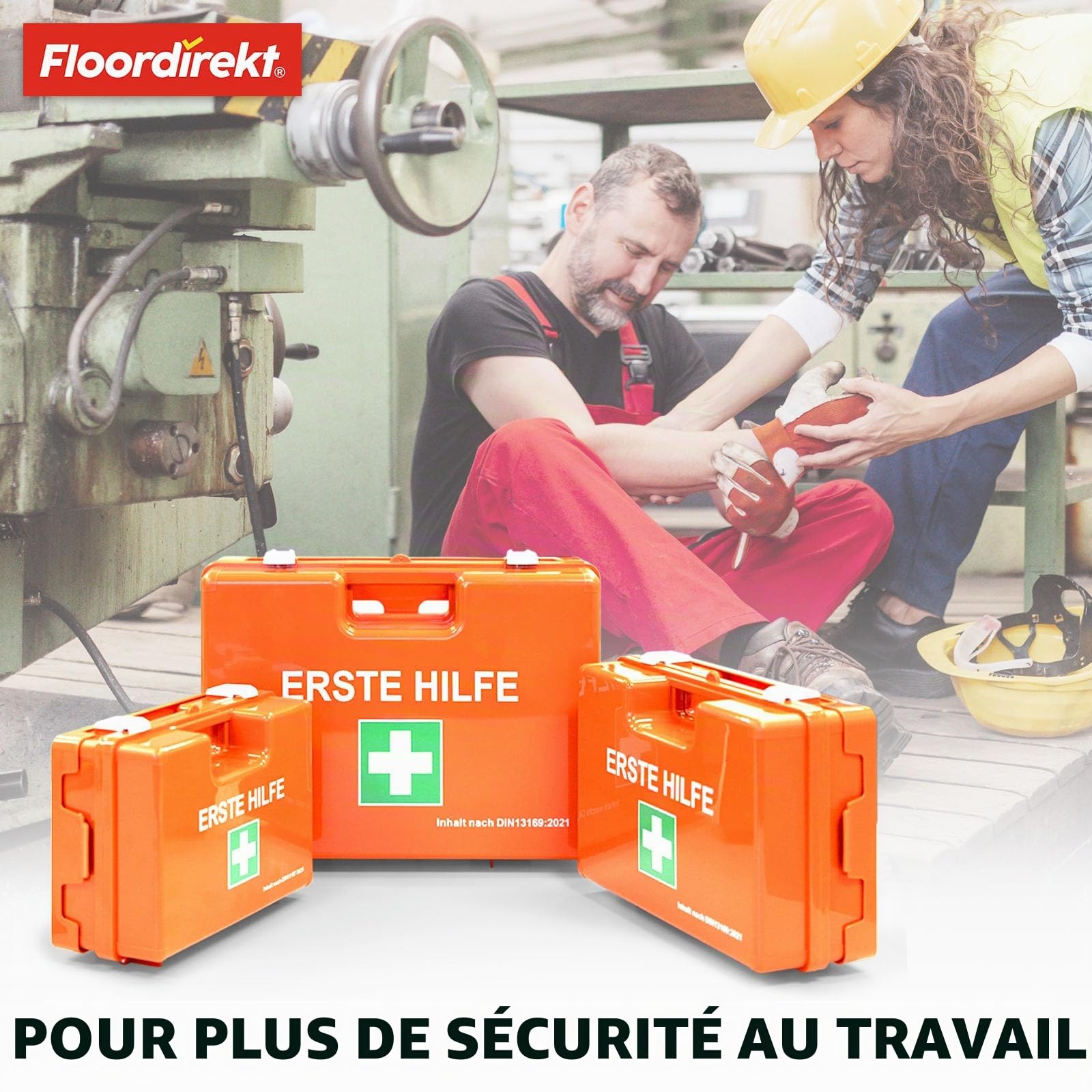 KARAT Boîte de premiers secours moyenne pour entreprises et maison DIN 13169:2021 remplie avec support mural | 1 kit de premiers secours pour bureau et gastronomie, boîte d'urgence jusqu'à 100