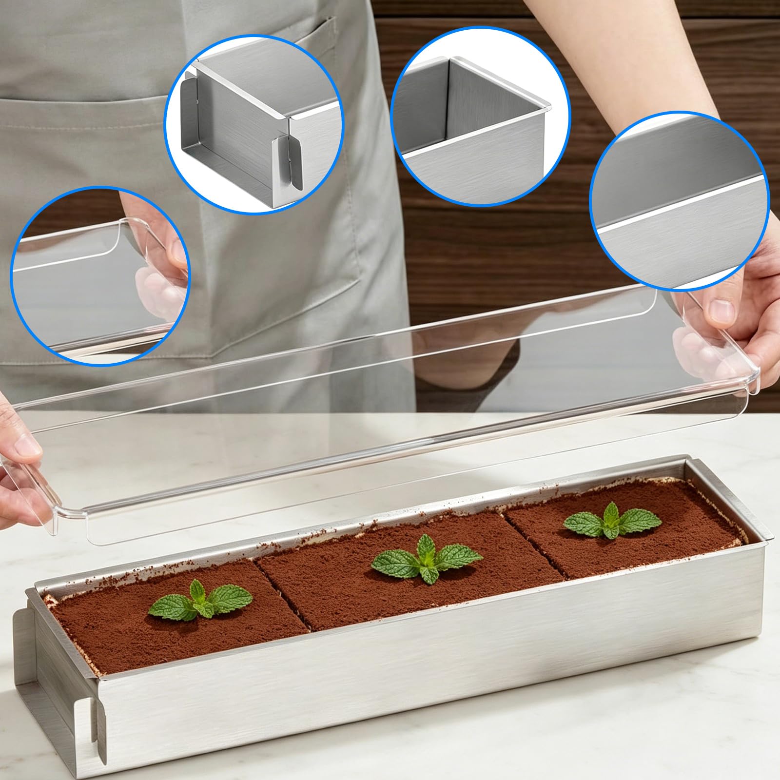Moule à tiramisu en acier inoxydable - Sans BPA - Réglable - Avec côtés amovibles et pelle - Rectangulaire - Pour gâteaux, brownies, cheesecakes, lasagnes, 40 x 10 x 6 cm