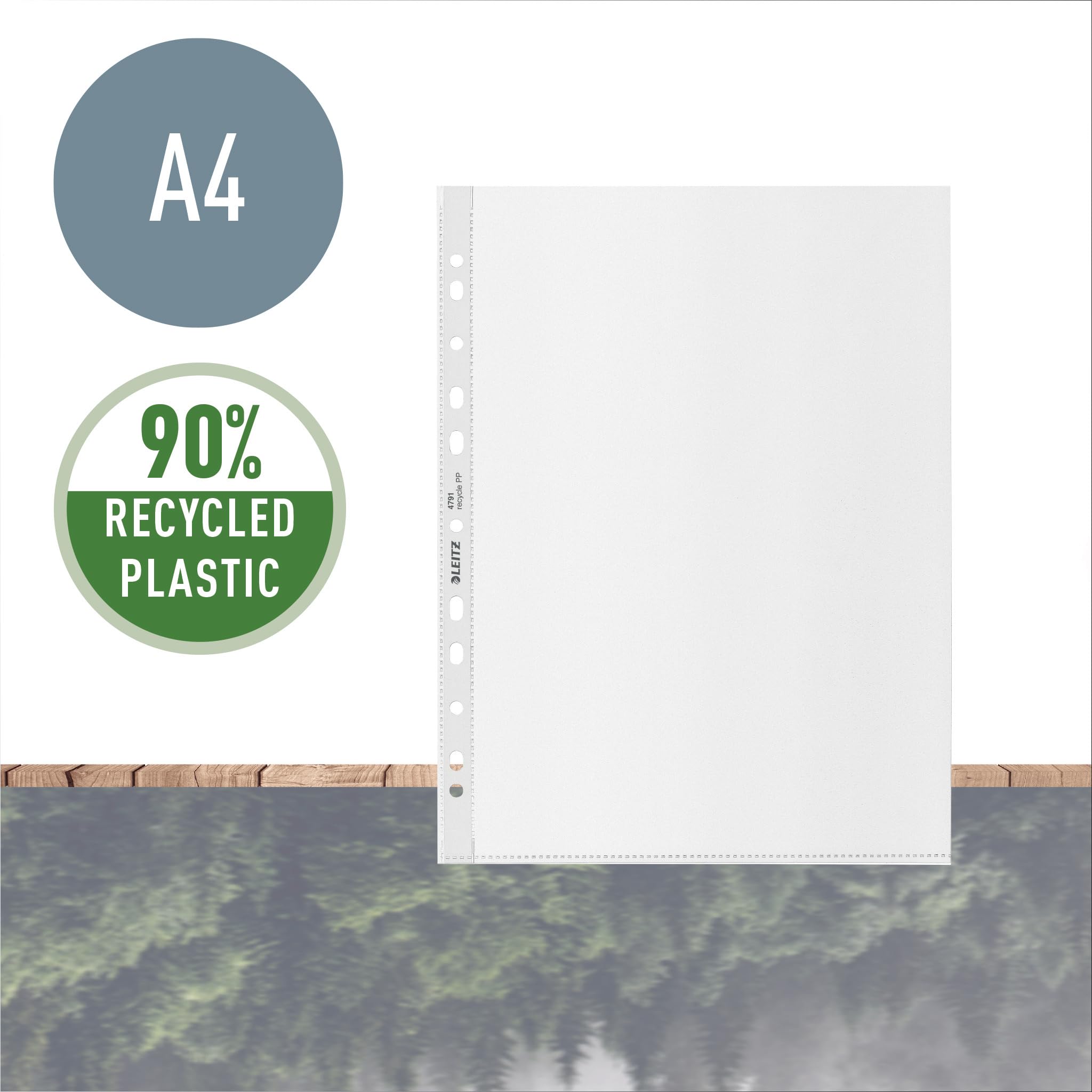 Leitz A4 Prospekthüllen, 100 Stück, Universallochung , Matte Oberfläche, 100 Mikron Folienstärke, 100% recyclebar, Umweltfreundlich, Recycle-Serie, Farblos, 47910003