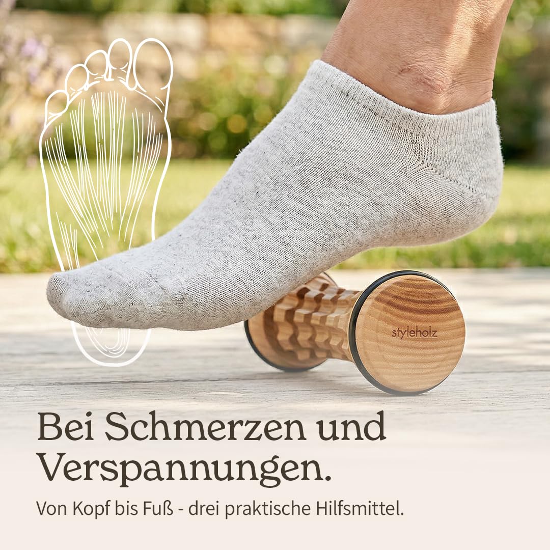 Faszien-Routine STARTER-SET [DAS ORIGINAL aus Österreich] – Abwechslungsreiche Selbstmassage vom Nacken bis zu den Füßen – Faszienstab aus Holz & Fußroller + gratis Übungshandbuch